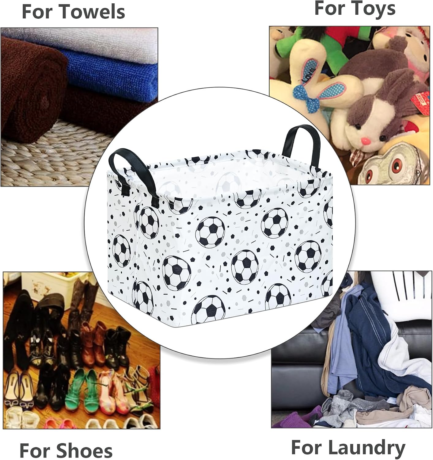 Kids Storage Basket with Soccer Print, 14.5" x 10.2" x 9.1", Waterproof with Leather Handles, Collapsible Rectangular Bin for Boys Sports Gear, Toys & Laundry
