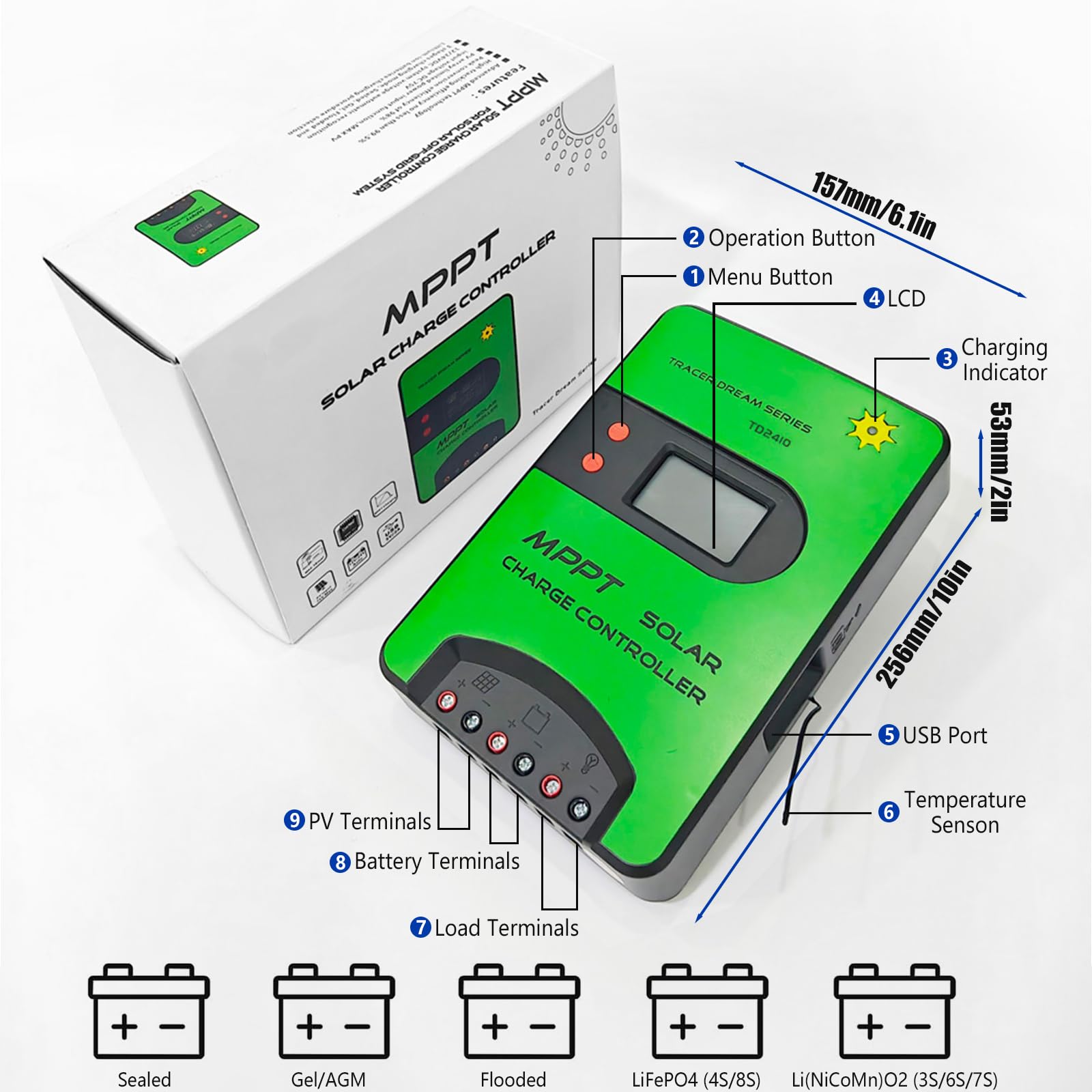 Régulateur de charge solaire MPPT 12 V/24 V (WiFi) avec écran LCD, prend en charge le contrôle APP, régulateur de charge MPPT pour batteries AGM/gel-plomb-acide, Li-Ion/LFP (40 A)