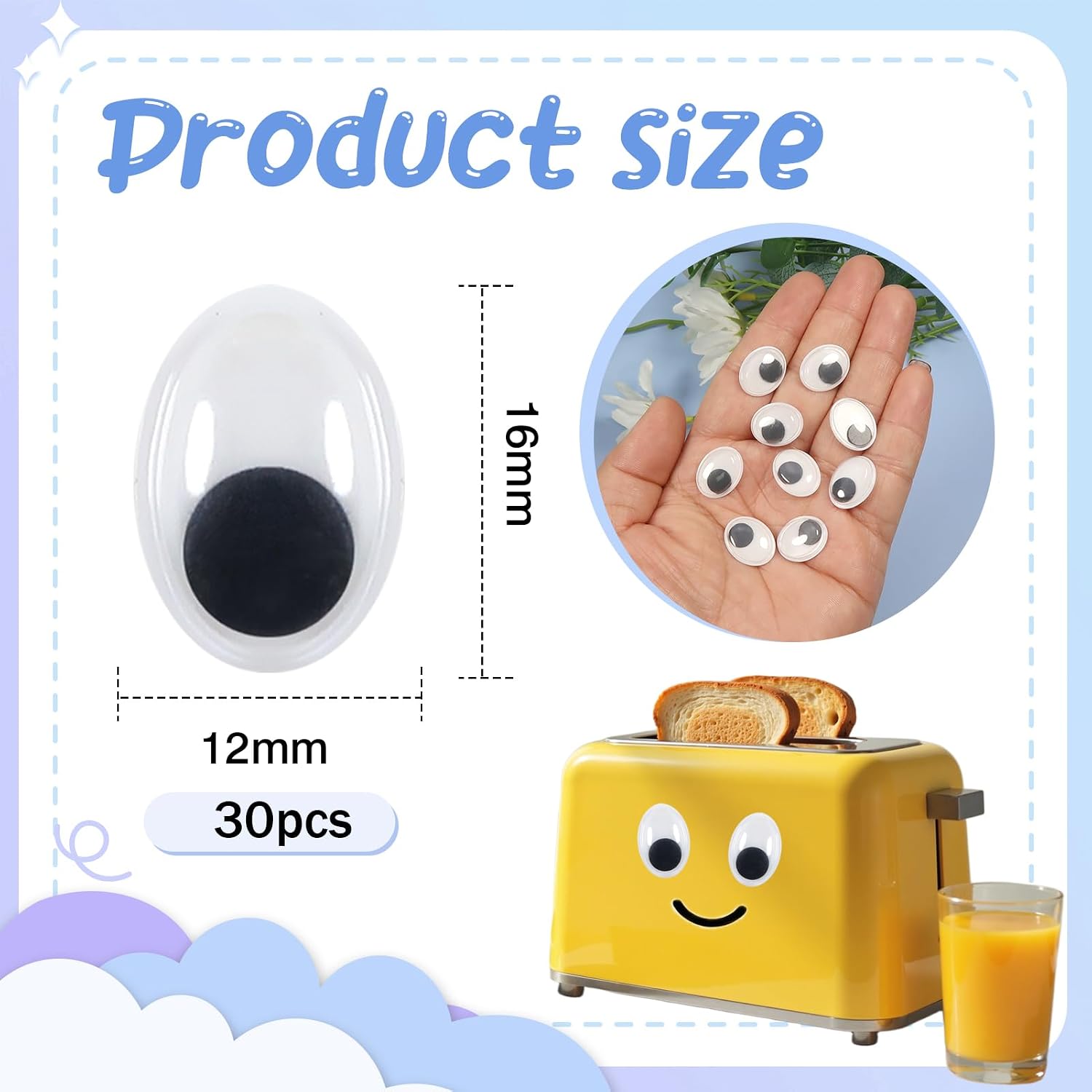 TOAOB 30pcs Googly Wiggle Eyes Self Adhesive Oval Sticker Eyes | 12x16mm Small Wiggle Eyes Plastic Craft for DIY Crafts Scrapbooking Decoration