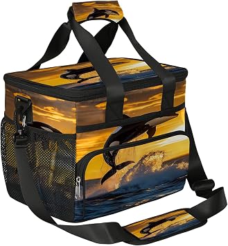 Large Insulated Cooler Bag Sea Orca Killer Whale Sunset Soft Beach Cooler Tote Leakproof Portable Lunch Box Bag for Camping Travel Picnic Fishing Hiking Golf
