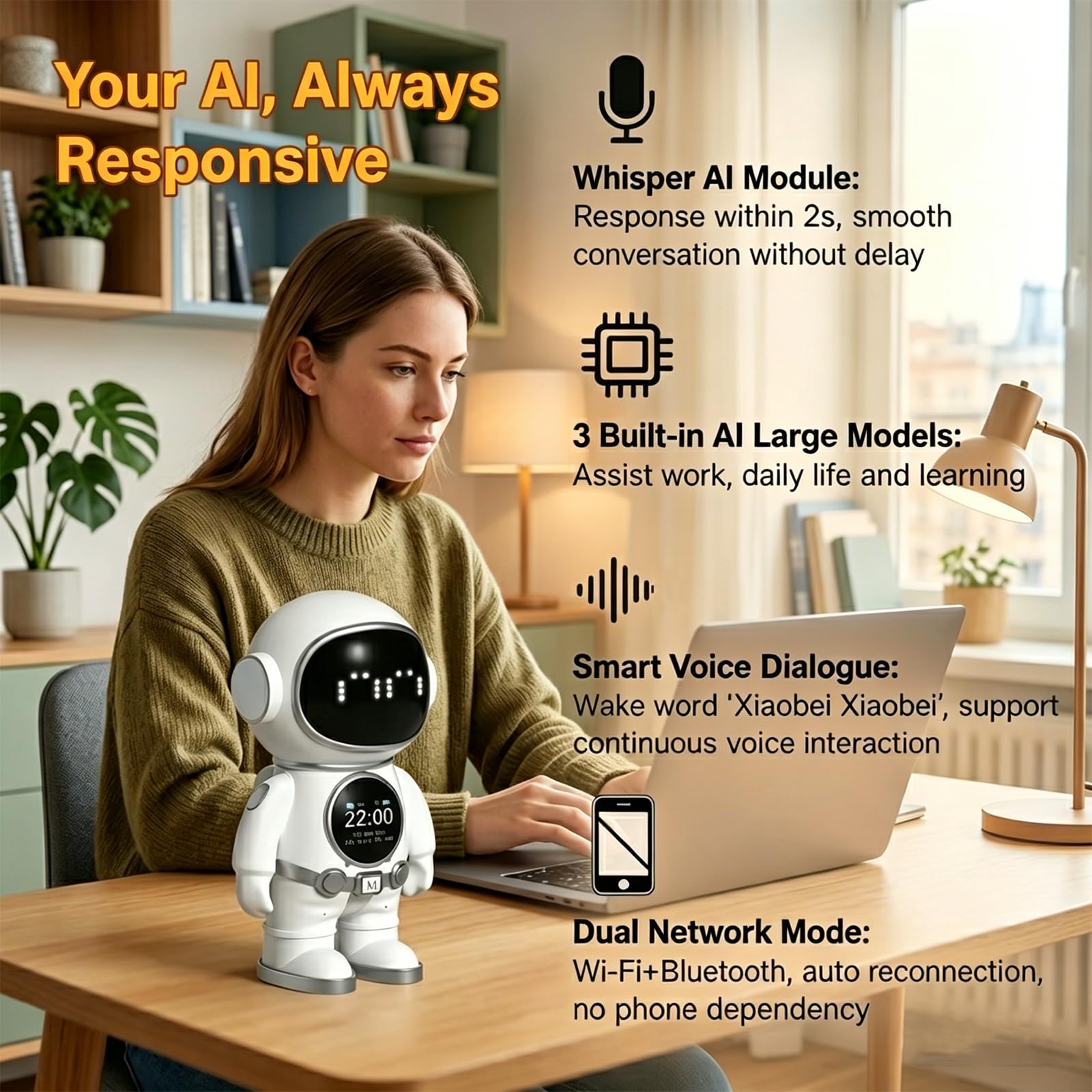 Astronauta AI - Robot da scrivania con 3 modelli Mainstream KI, controllo vocale, altoparlante Bluetooth, luce notturna, allarme intelligente e indicatore meteo, perfetto per ufficio