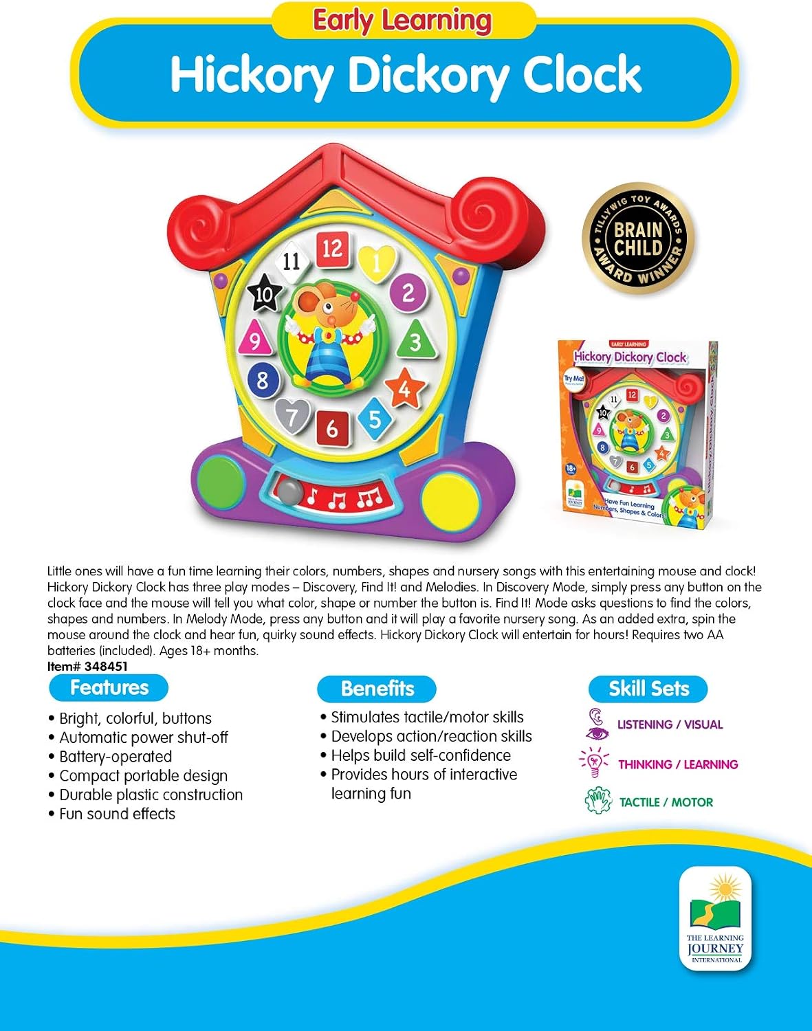 The Learning Journey: Early Learning Hickory Dickory Clock - Three Play Modes to Teach Colors, Numbers, & Shapes with Melodies - for Ages 18+ Months includes Music Player
