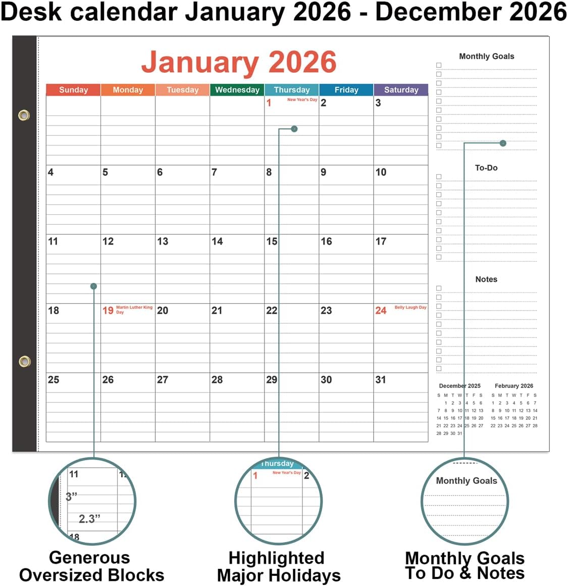 Large Desk Calendar 2026-22 x 17 Desk Calendar from January 2026 - December 2026, Desktop Pad Calendar Perfect for Planning and Organizing In Your Home, School or Office, Colorful