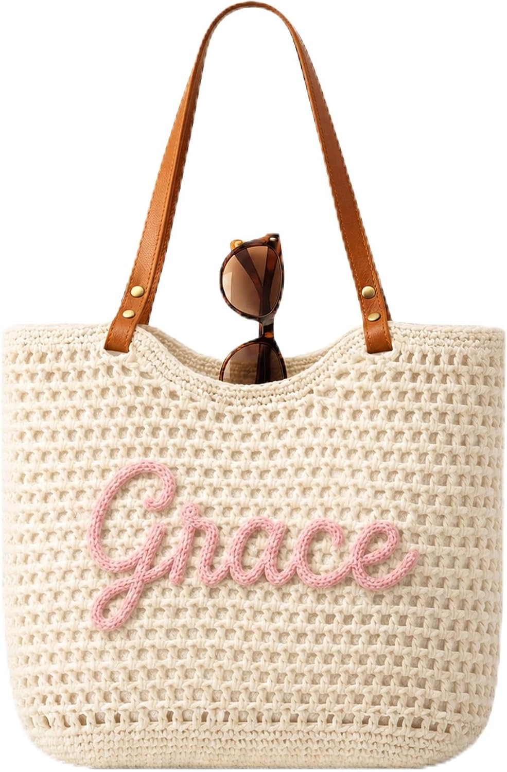 Personalized Crochet Beach Bag for Women, Custom Name Woven Tote Bag with Inner Lining & Pocket, Foldable Boho Summer Vacation Handbag for Travel, Cruise and Bridesmaid Gifts