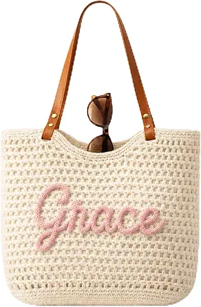 Personalized Crochet Beach Bag for Women, Custom Name Woven Tote with Inner Lining & Pocket