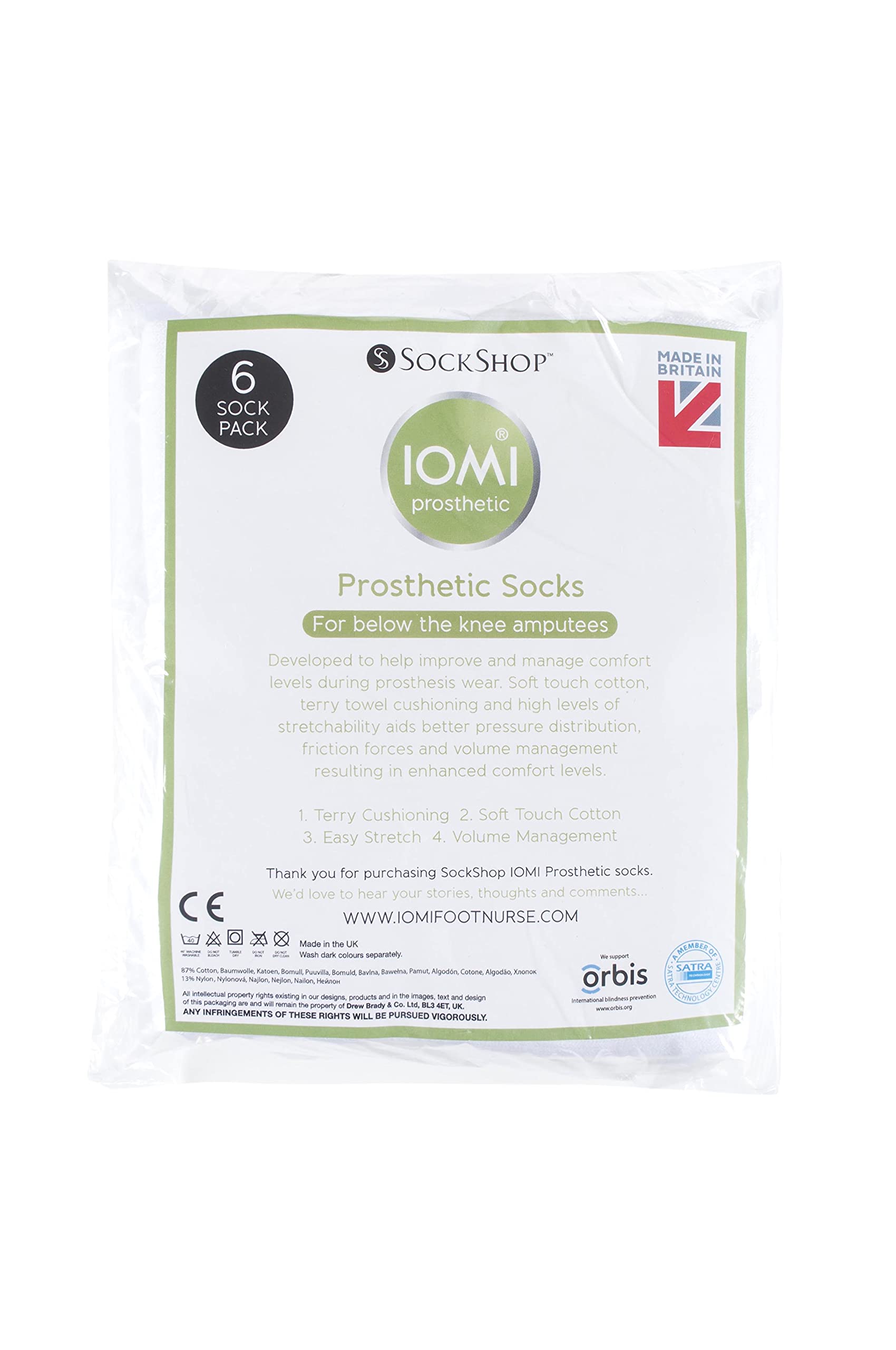 IOMI SOCKSHOP męskie i damskie bawełniane skarpety protetyczne, jednokolorowe, białe, do amputacji poniżej kolana, lekko elastyczne, łatwe rozciąganie, dla wygody, różne rozmiary, 6 szt