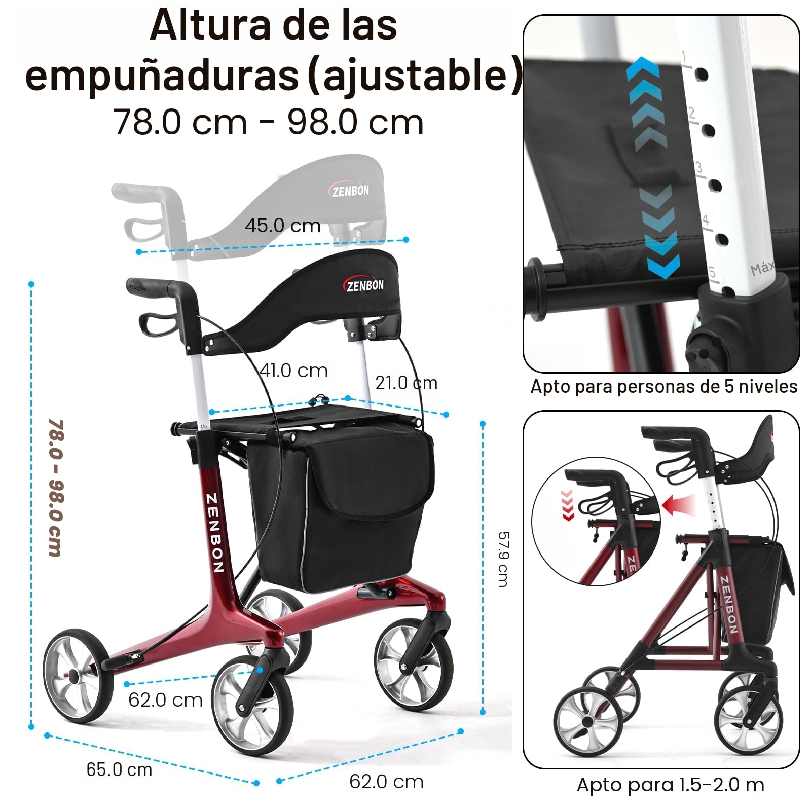 Andador para Ancianos Carbono: Andador Plegable y Ligero con Asiento - Andador Plegable Estrecho para Personas Mayores - Andador de Interior para Viajes en el Maletero (Rojo)
