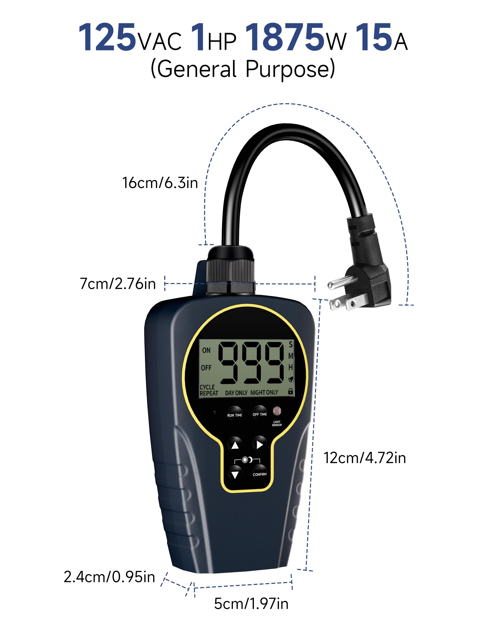 Techbee Temporizador de 24 horas para exteriores con sensor de luz, temporizador de cuenta regresiva de ciclo de repetición infinita impermeable (1 segundo a 999 horas) para el hogar y el jardín,