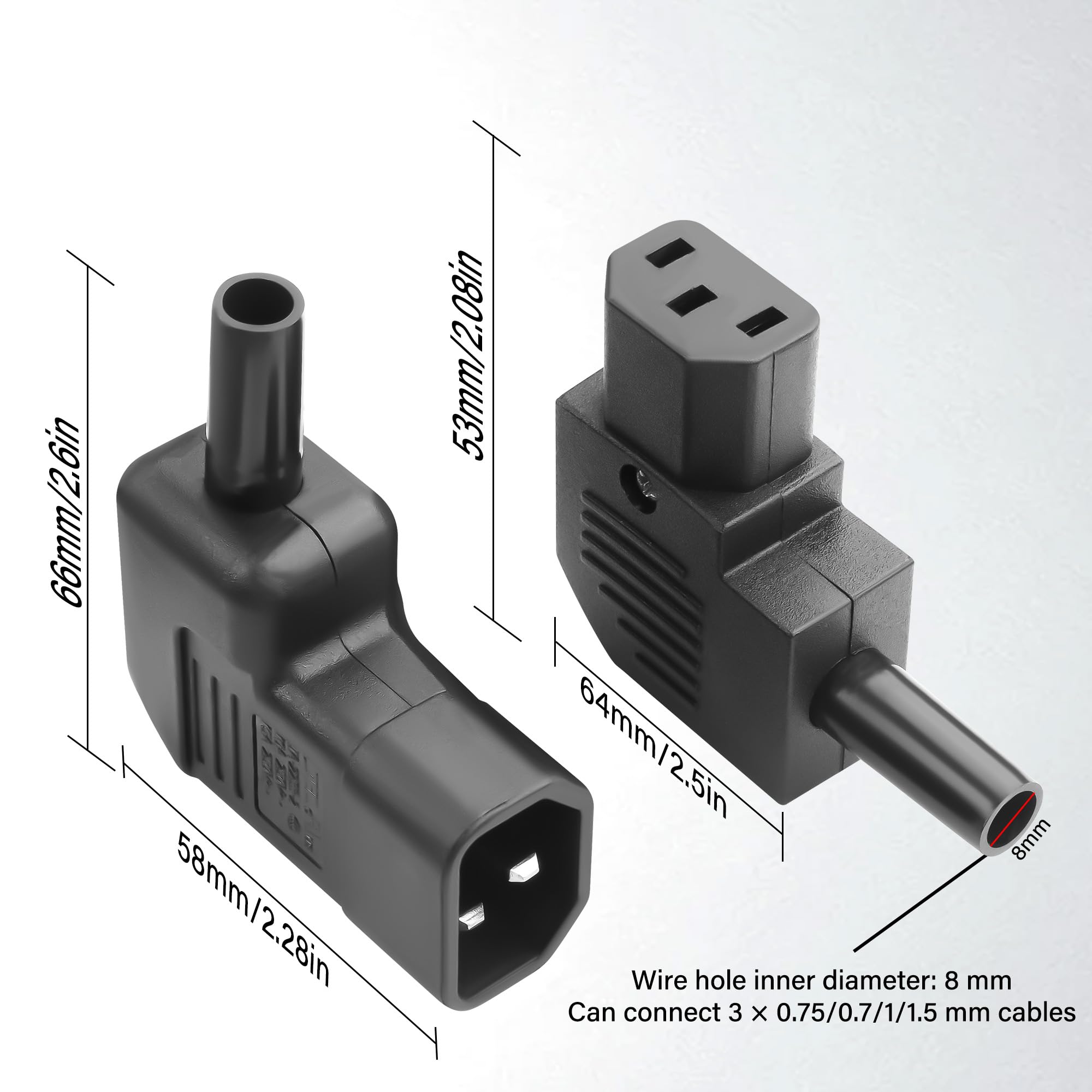 Adattatore di alimentazione a 3 poli IEC320 C13/C14, 90 gradi IEC320 C13/C14, 10 A/250 V C13/C14, adattatore rimovibile per computer, monitor, UPS (2 pezzi)