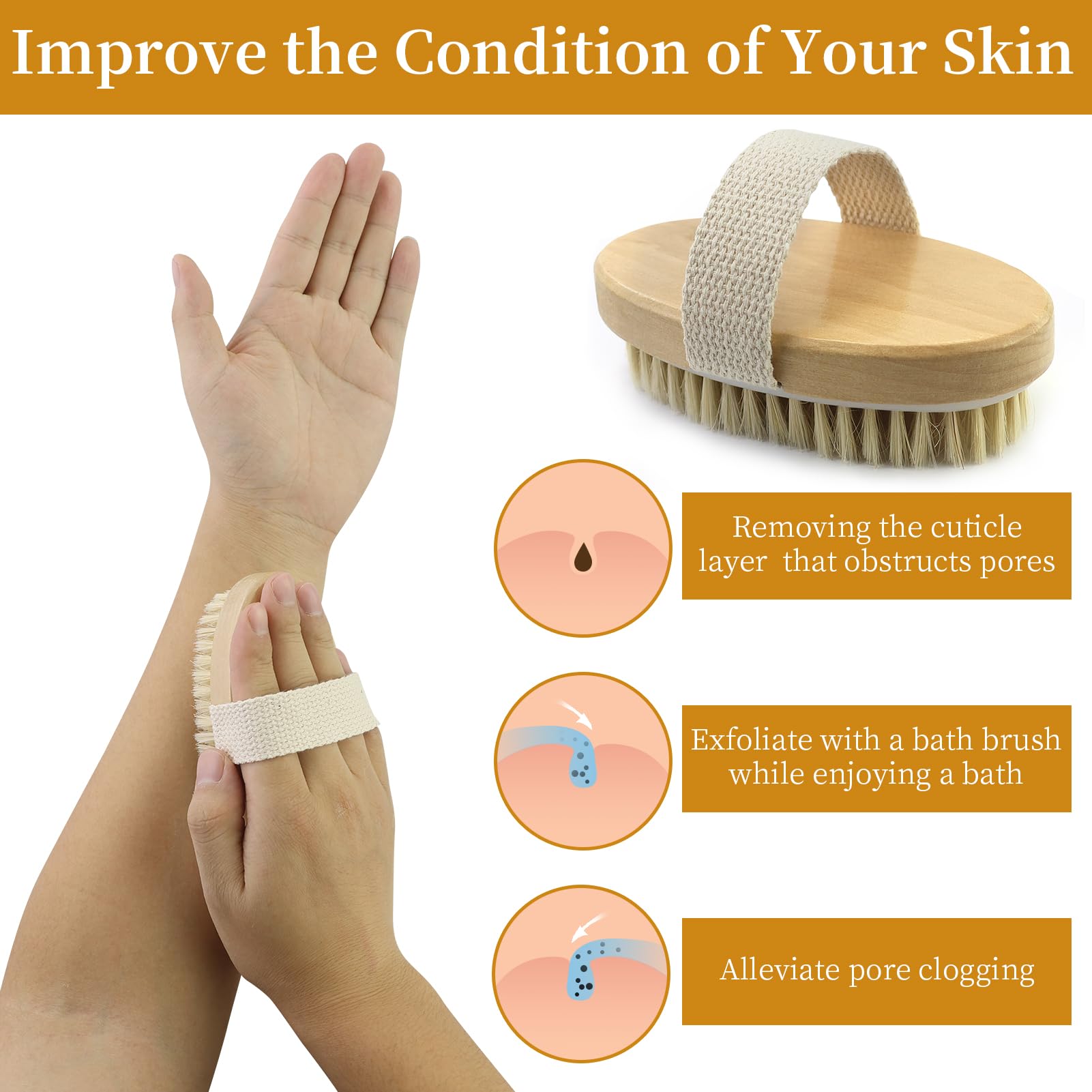 2 Pièces Brosse à sec pour le corps, Brosse exfoliante physique, Brosse masseuse pour le drainage lymphatique, brosse de bain à poils naturels pour Une Amélioration de La Circulation Sanguine