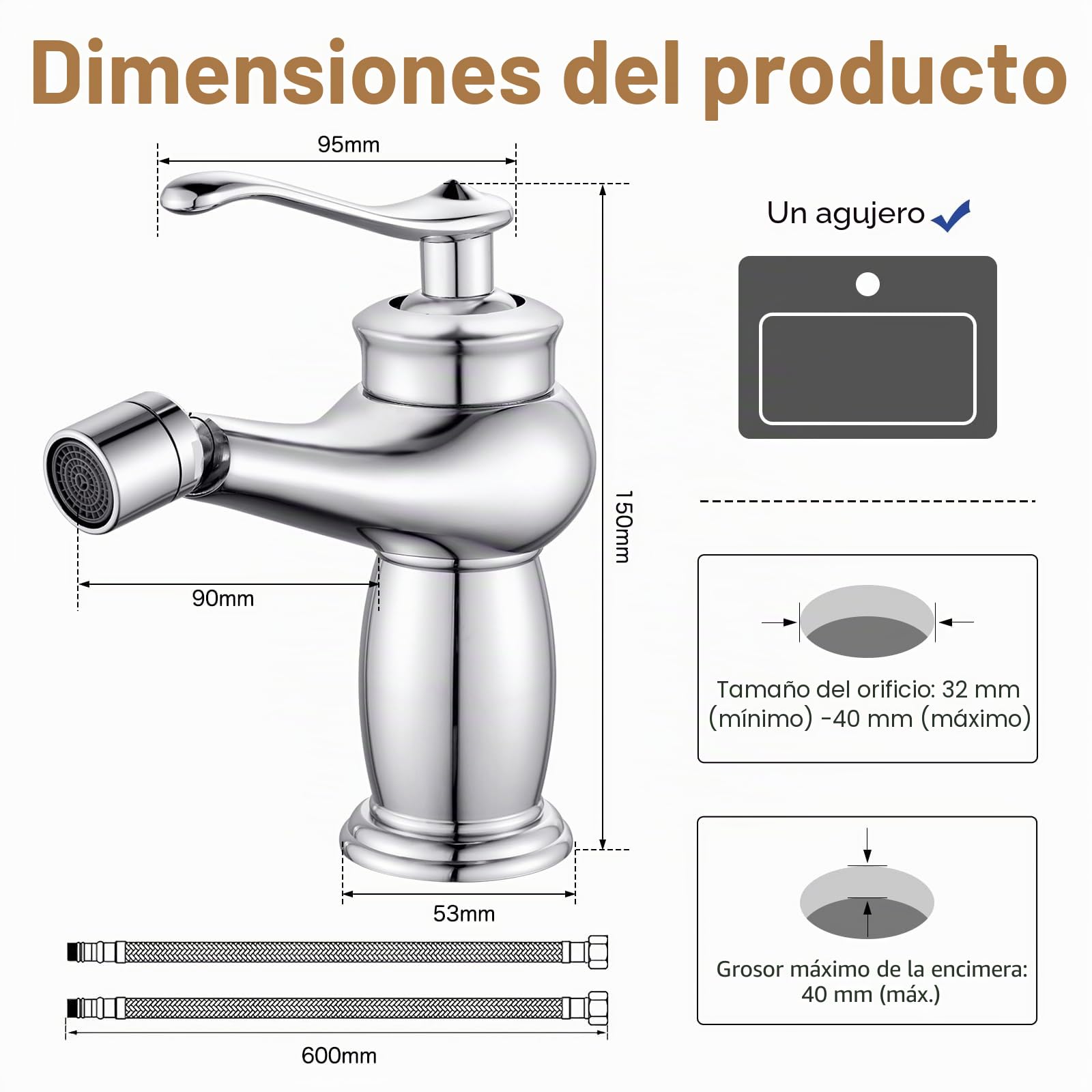 Grifo Bidet Cromo, Grifo Monomando Lavabo Mezclador de Baño con Pitorro Giratorio, G3/8