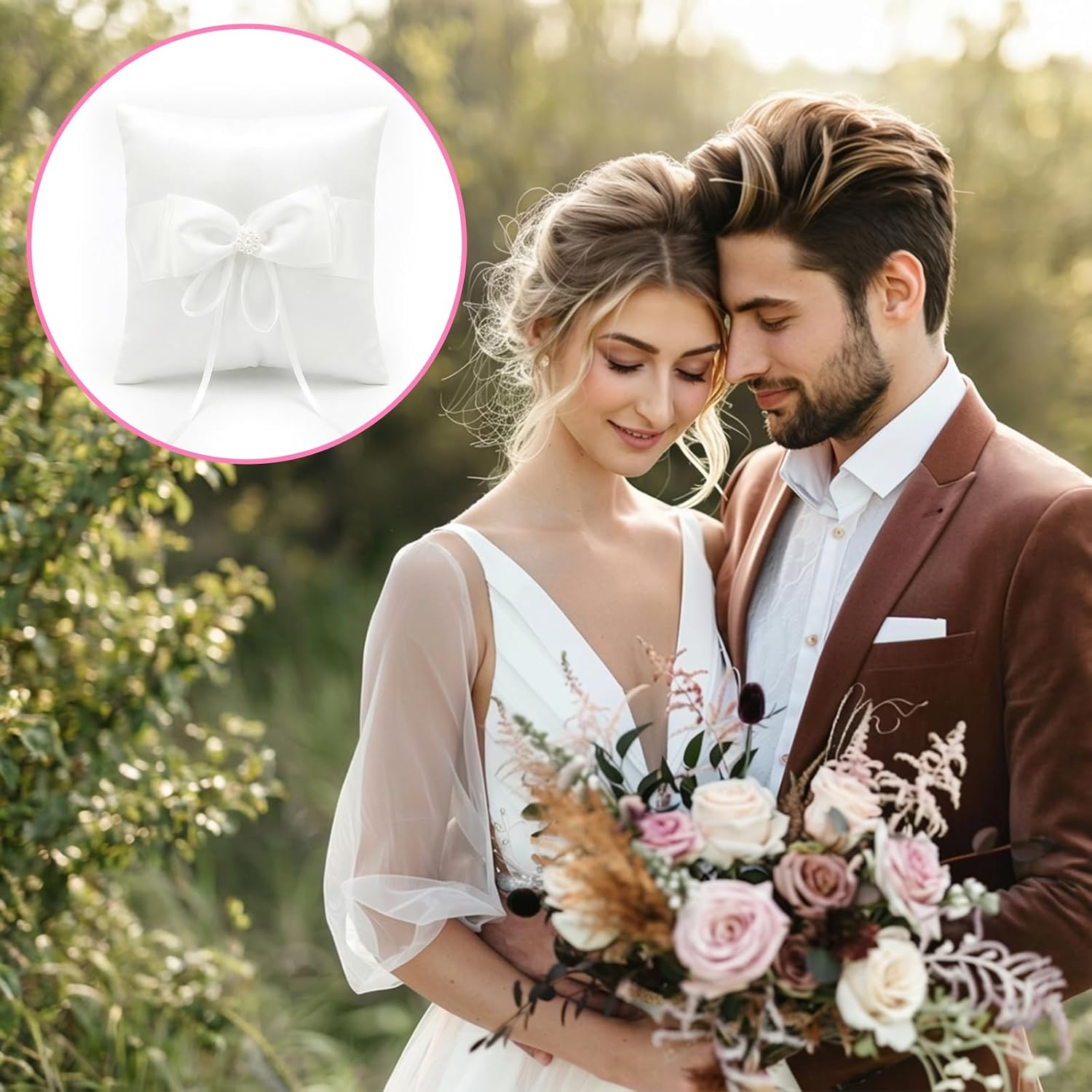 1PCS Wedding Ring Pillow, 5.5'' X 5.5'' Lovely Lace Pearl Ivory Ring Bearer Cushion for Wedding Proposal Ceremony Party