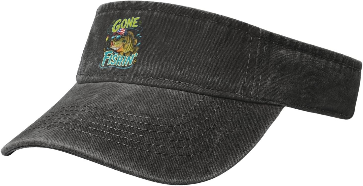 Sun Visor Hats Gone Fishing Panfish Funny Fisher Adjustable Ball Caps Empty Top Baseball Running Tennis for Men Women Outdoor Travel Beach0 Black
