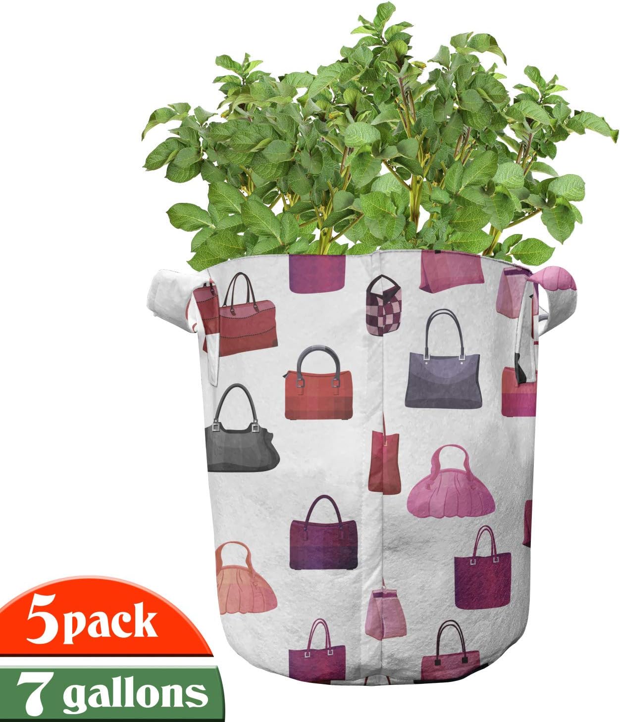 Ambesonne Fashion Grow Bags 5-Pack, Designer Bags Ladies Motif, Heavyduty Fabric Pots with Handles for Plants, Multicolor