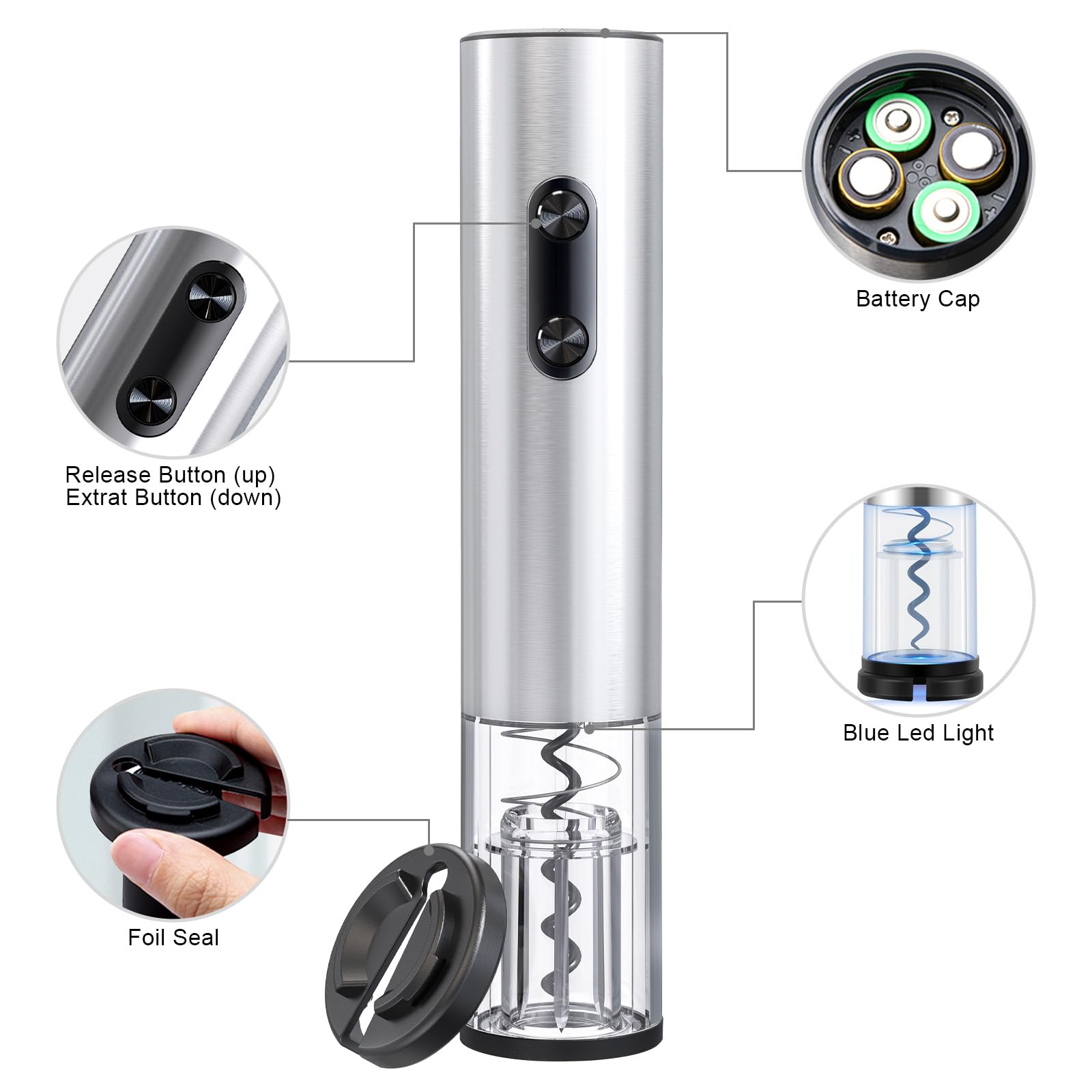 COKUNST Electric Wine Opener, Battery Operated Wine Bottles Openers with Foil Cutter & LED Light, Reusable Automatic Corkscrews Remover Stainless Steel for Home Kitchen Party