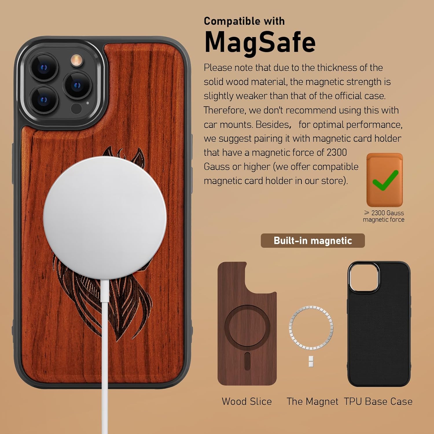 Magnetic Wood Case for iPhone 14 Case/iPhone 13 Case Natural Wood I Metal Lens Frame Protection I Unique & Classy Wooden Shockproof Protective Cover Compatible with magsafe-Rose Wood-Horse