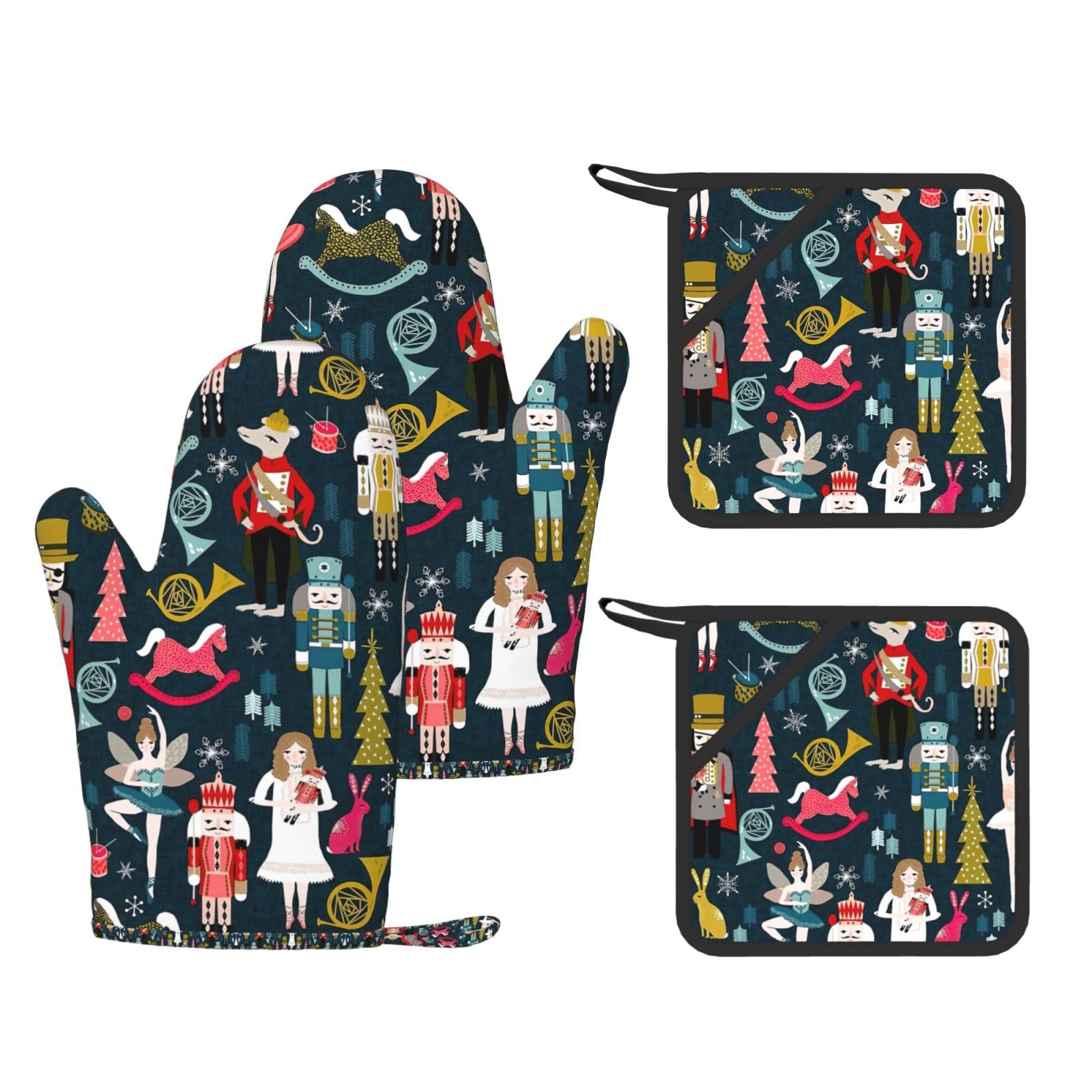 Women_s Nutcracker Ballet Xmas Dance Trendy Printed Kitchen Set with Heat Resistant Gloves & Non-Slip Hot Pads for Baking & Grilling