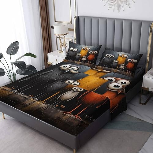 Sábanas de búho tamaño Queen, sábanas de pájaros de dibujos animados, sábanas y fundas de almohada de 4 piezas, sábana bajera ajustable de