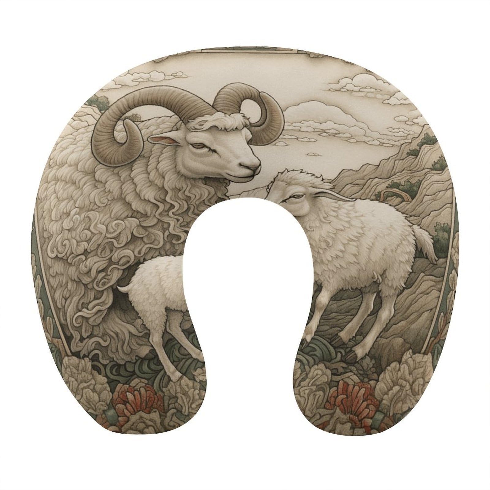 Adfgyerh Style Sheep Pattern U-Shaped Pillow，Memory Foam Pillow Core，Cushion ，Provide Neck Support ，Travel Pillow，Suitable For Airplanes, Cars, Homes, And Offices.