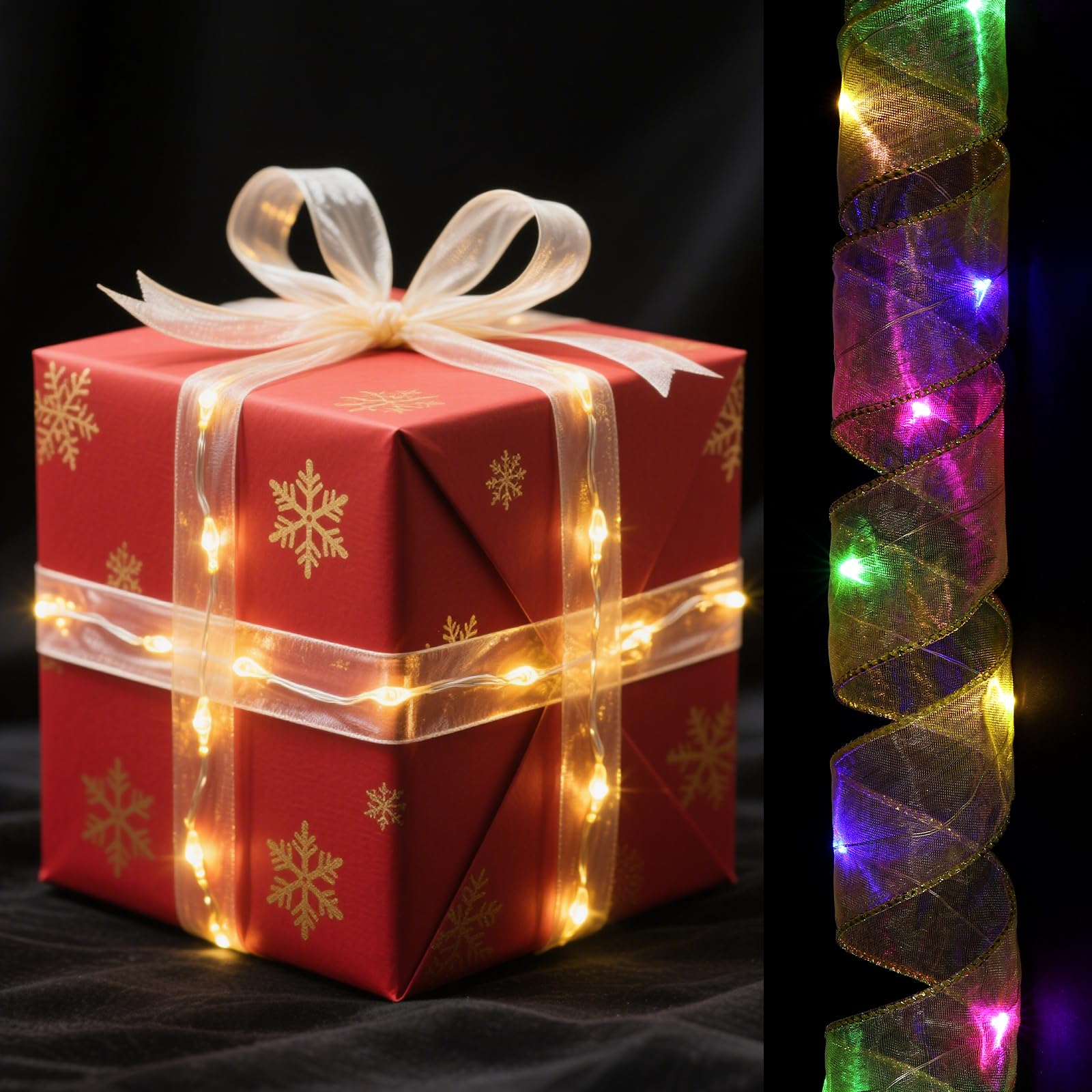 sourcing map LED Lights Copper Wire Ribbon, 3.28Ft Ribbon Bows Light Battery Powered Christmas Tree Decorations String for Party Wedding Christmas Tree (Gold, Multicolor Light)