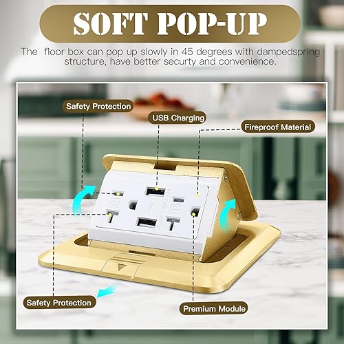 Miniatura 3 de Hoolerry Paquete de 2 cajas de salida de suelo desplegables impermeables con cargador USB de 4.2 A, 20 amperios, resistente a la intemperie, toma de