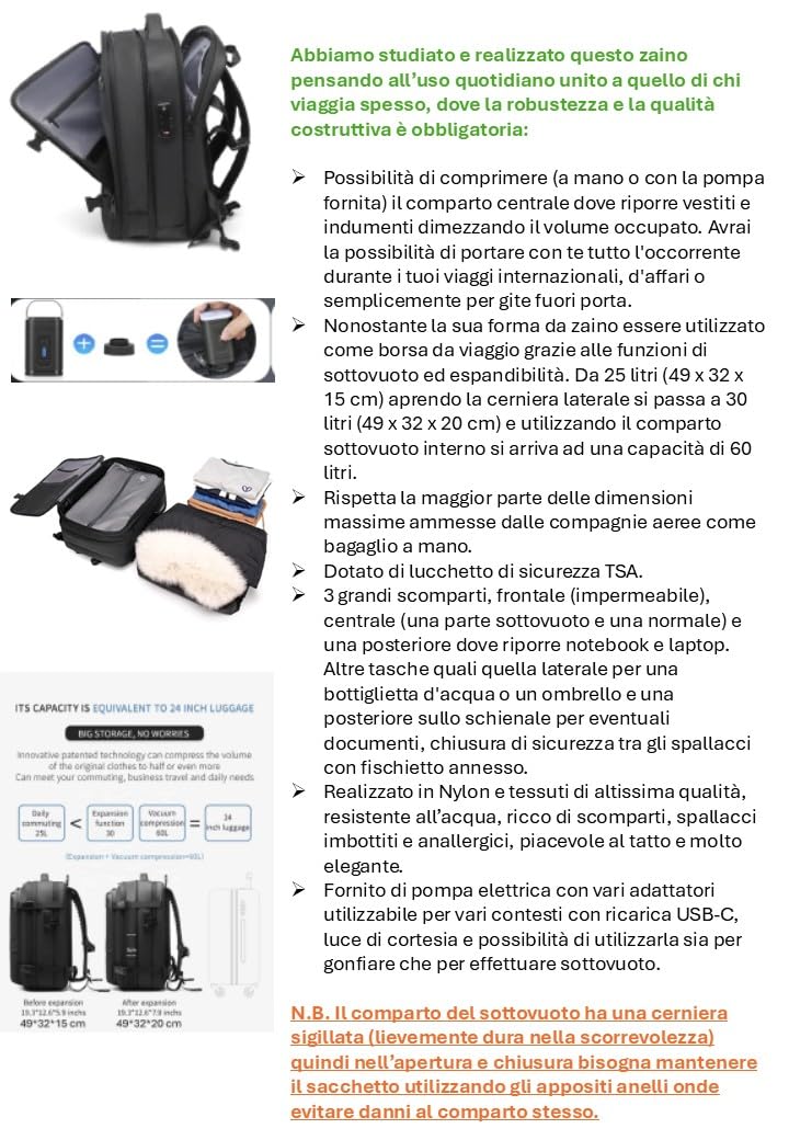 Generico Zaino sottovuoto Altissima Qualità espandibile fino a 60 litri con pompa sottovuoto USB-C, idrorepellente, lucchetto TSA, confome come bagaglio a mano, adatto per laptop, NERO