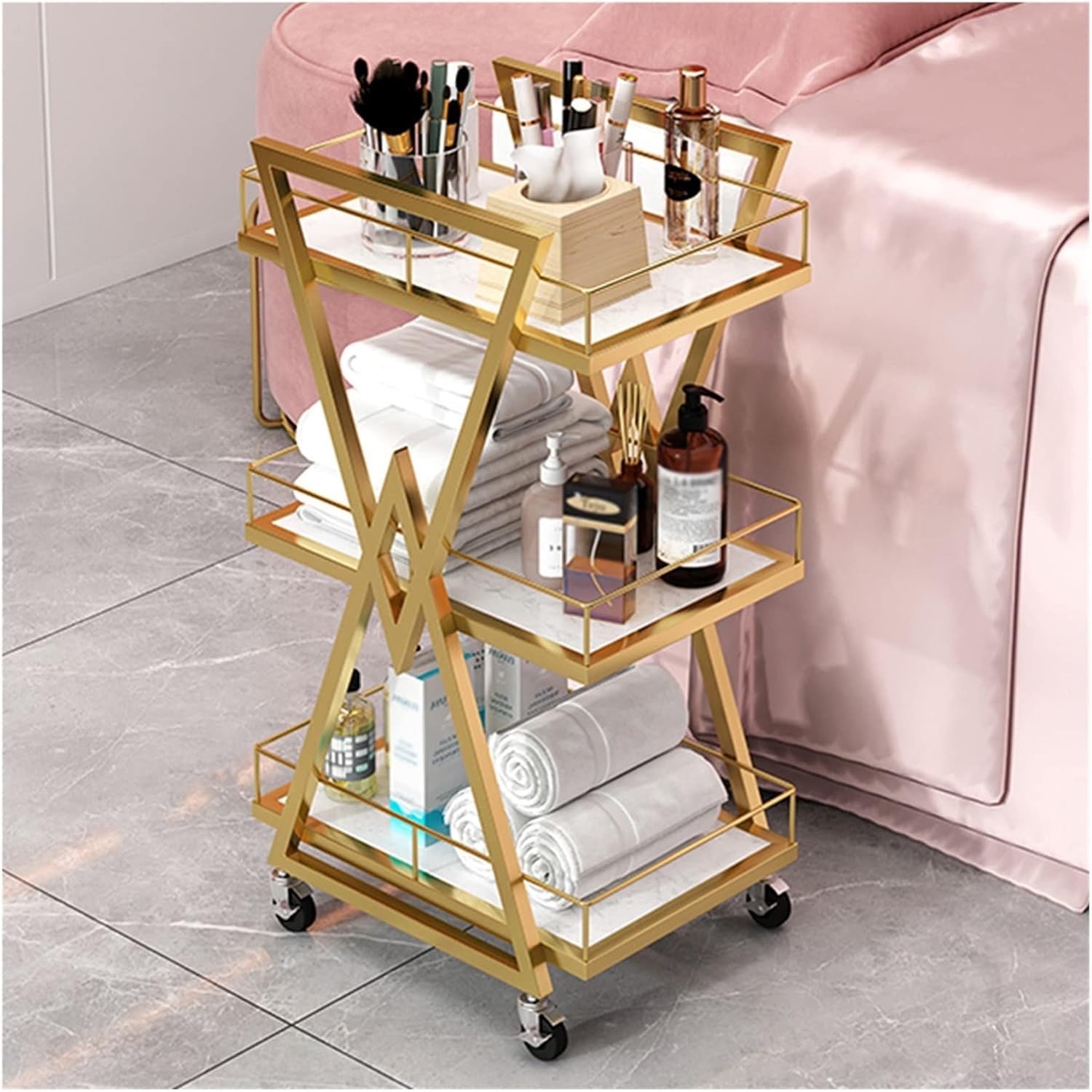 Carrello in Metallo per Carrello Spa Medico, Carrello per Salone di Bellezza, Carrello per Manicure A 3 Livelli, Carrello per Barbiere con Rotelle, Carrello per Strumenti di Bellezza (Color:A)
