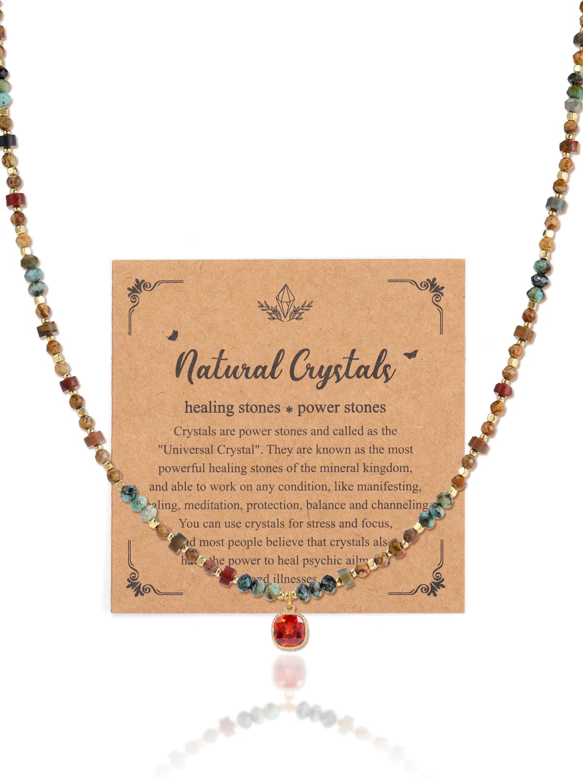 JSDDE Collier Femme Perles en Pierre Semi-Précieuse Rétro Collier Pendentif Carré Zircon Rouge Doré 18 Carats avec Perles Rondelles Rondes à Facettes 3mm Bijoux Fantaisie Fine Cadeau Anniversaire