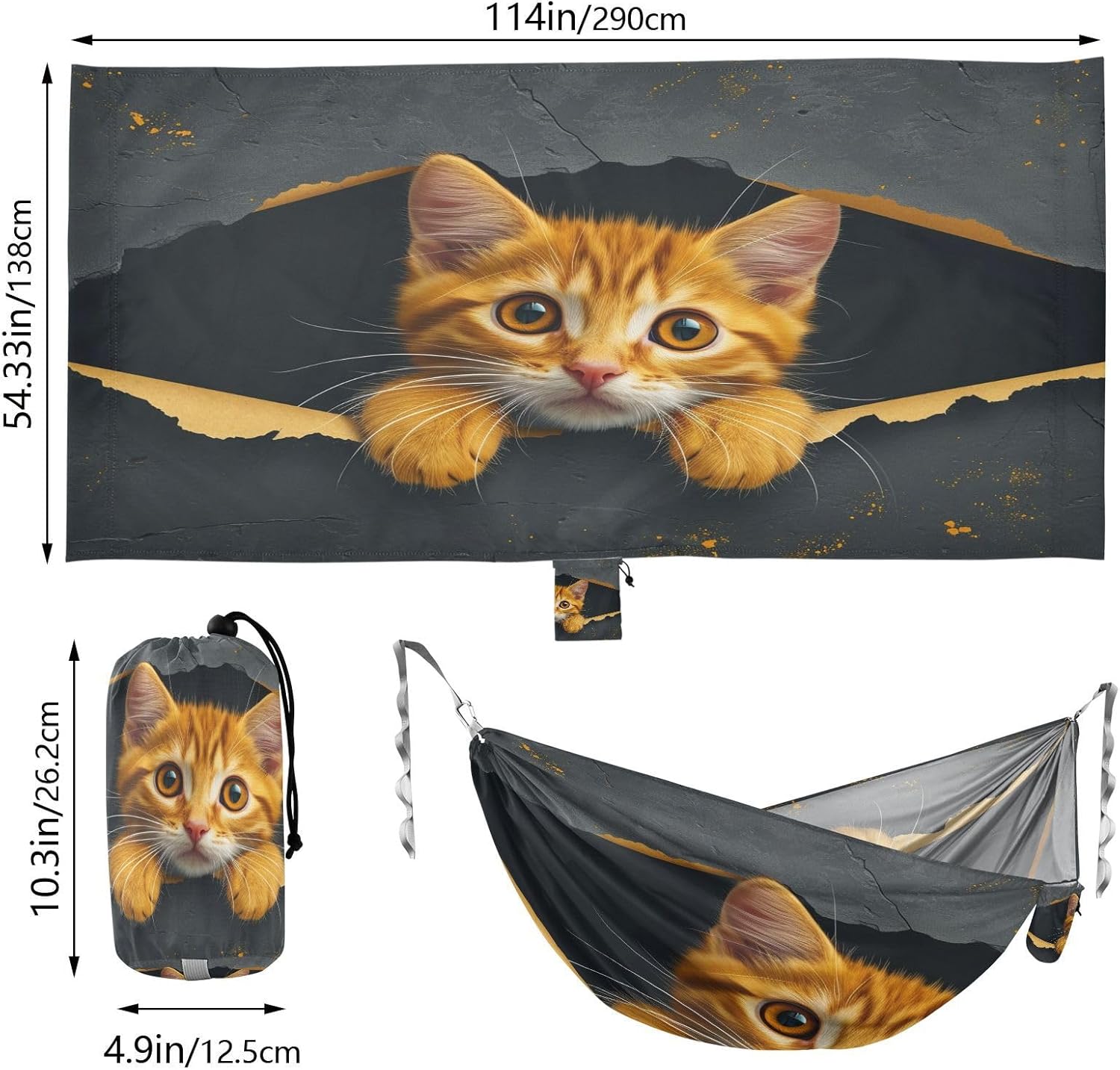 ALAZA 3D Yellow Cat Kitten Camping Hammocks Single or 2 Person 500 lbs Portable Parachute Travel Hammock w/Tree Straps for Hiking Backpacking Indoor Outdoor
