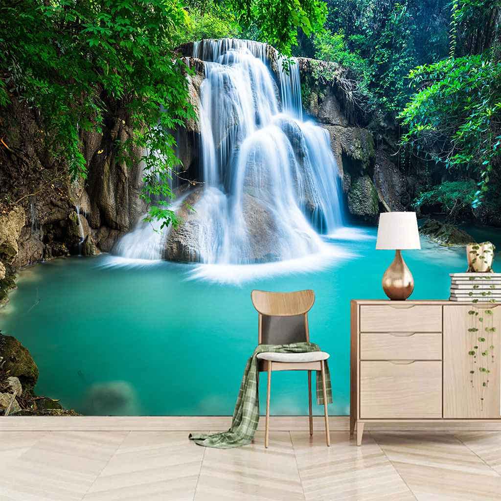 Papier peint mural cascade forêt 3D toile haut de gamme pour séjour