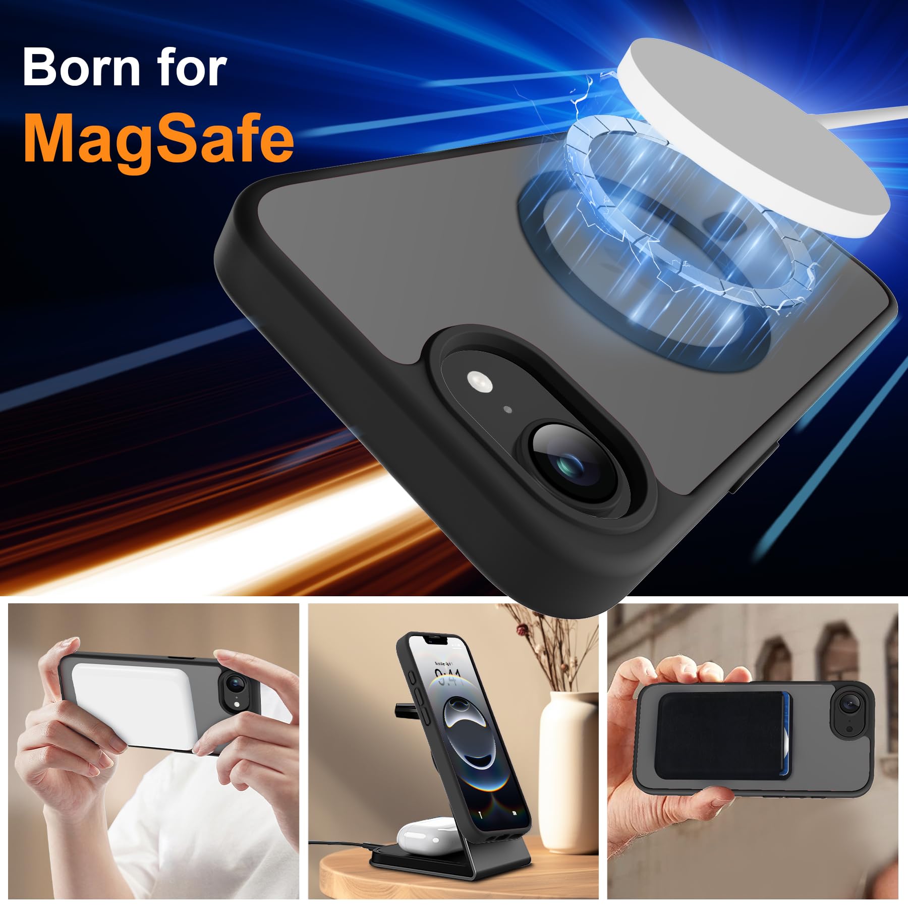 ORETECH Magnetica Cover per iPhone 16e(2025) 6,1 Pollici con 2 Vetro Temperato,Compatibile con MagSafe, Traslucida Opaca Antiurto Ultra Sottile Hard PC iphone 16e Cover-Nero