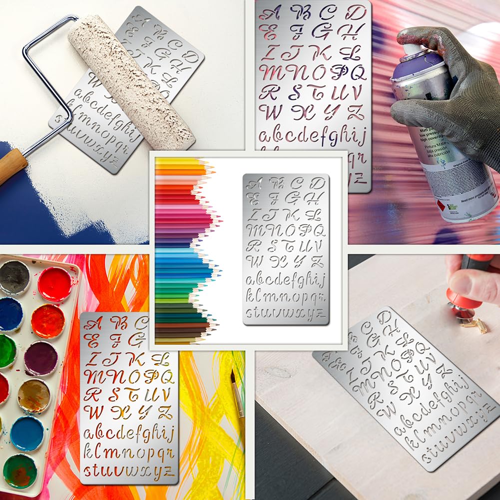 BENECREAT Lettres Pochoirs, Gabarit de Lettres Majuscules et Minuscules en Métal de L'Alphabet Irrégulier de A à Z pour la Peinture, Brûler du Bois, Gravure, Scrapbooking, 19x14 cm