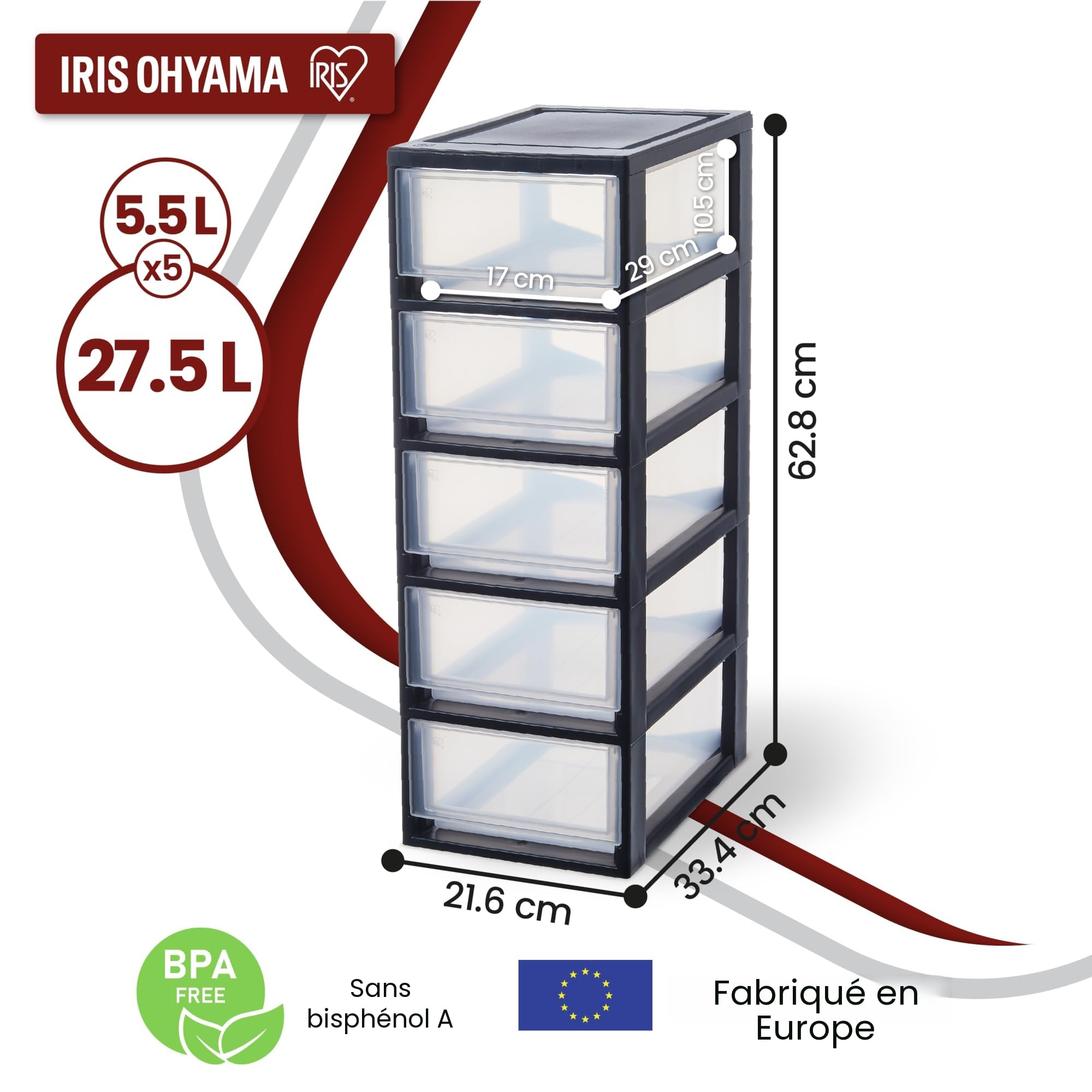 Iris Ohyama, Tour de rangement plastique noir, 5 petit tiroirs de rangement bureau, fournitures, accessoires, pour Salle de Bain, MSD-1