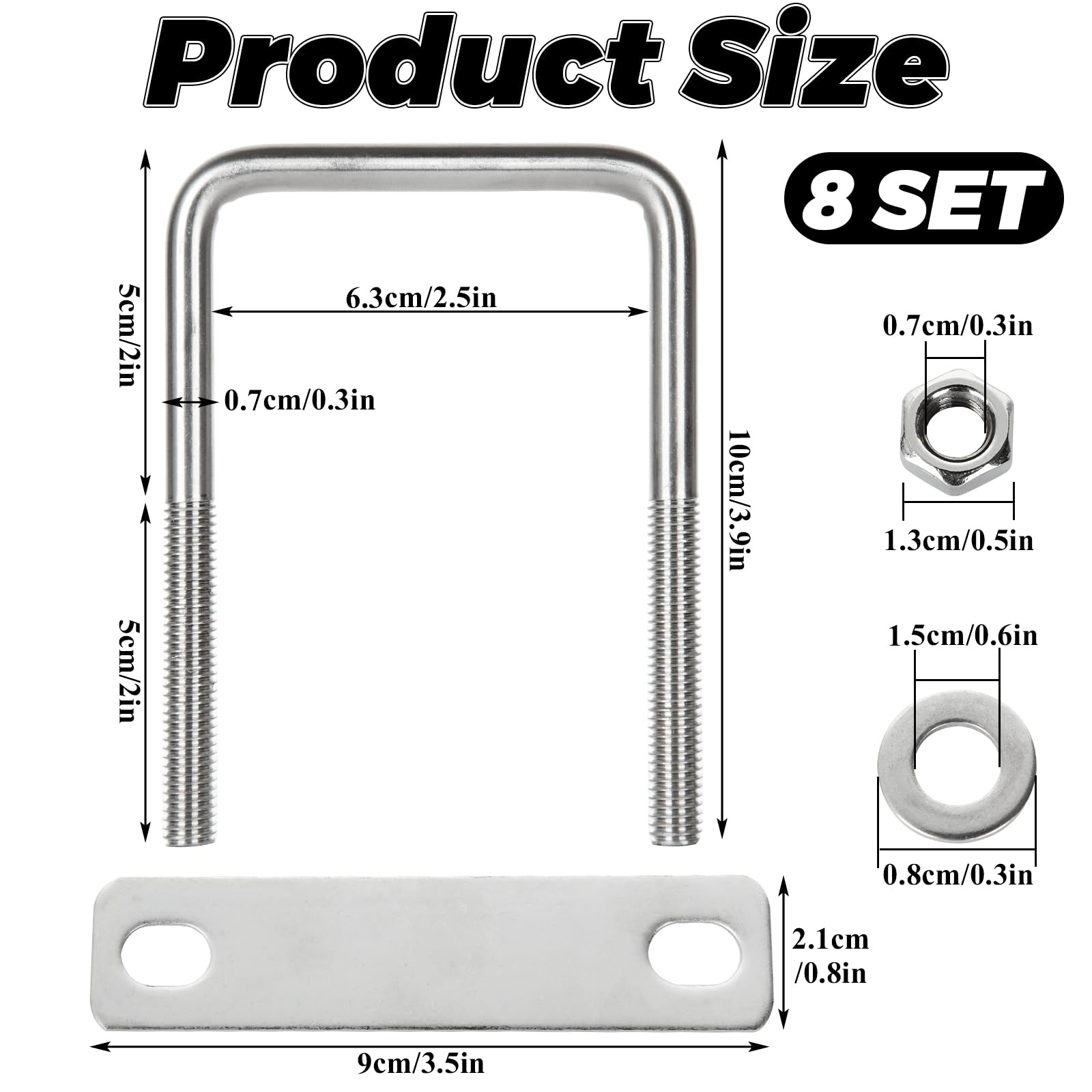 CertBuy Confezione da 8 cavallotti a U quadrati, larghezza interna 100 mm, lunghezza 100 mm, in acciaio inox 304, con rondelle e dadi, parti di ricambio e accessori per rimorchi di automobili, barche