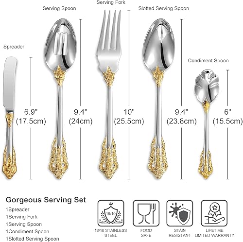 Miniatura 2 de KEAWELL Precioso juego de utensilios de servicio de anfitriona de acero inoxidable 18/10 de 5 piezas, apto para lavavajillas, acento dorado
