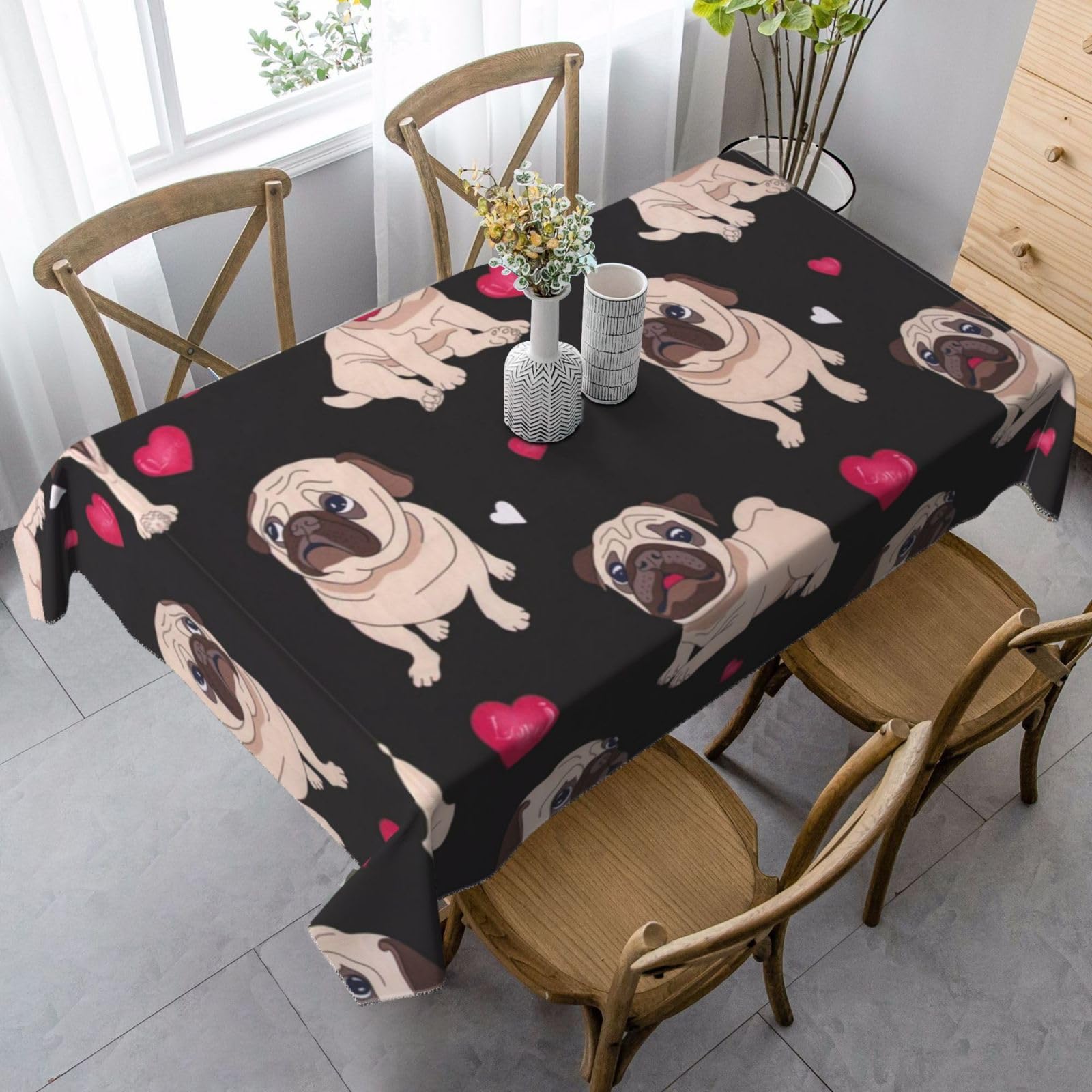 AUGUSTRUSH 140x90 Cm Rectangle Tablecloth, Cute Pug Tablecloths, Soft Washable Durable Table Cover For Dining, Party Wrinkle-Resistant Table Cloth For Travel, Wedding, Cafe, Picnic