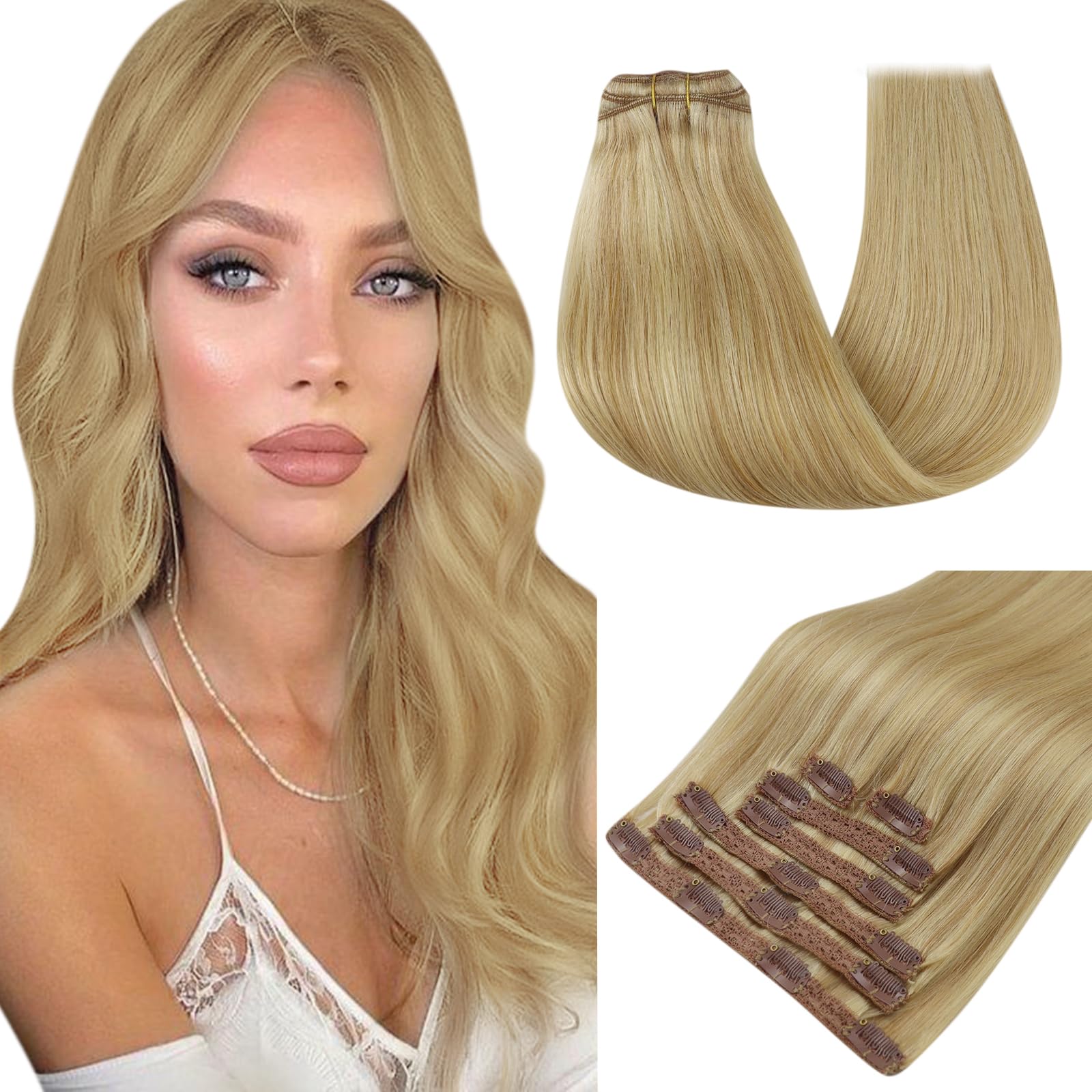 RUNATURE Clip in Hair Extensions Real Human Hair 16 Inch Blonde Hair Extensions Clip in Human Hair 120g 7pcs Full Head Straight Highlight Golden Blonde Remy Hair Double Weft #16/24