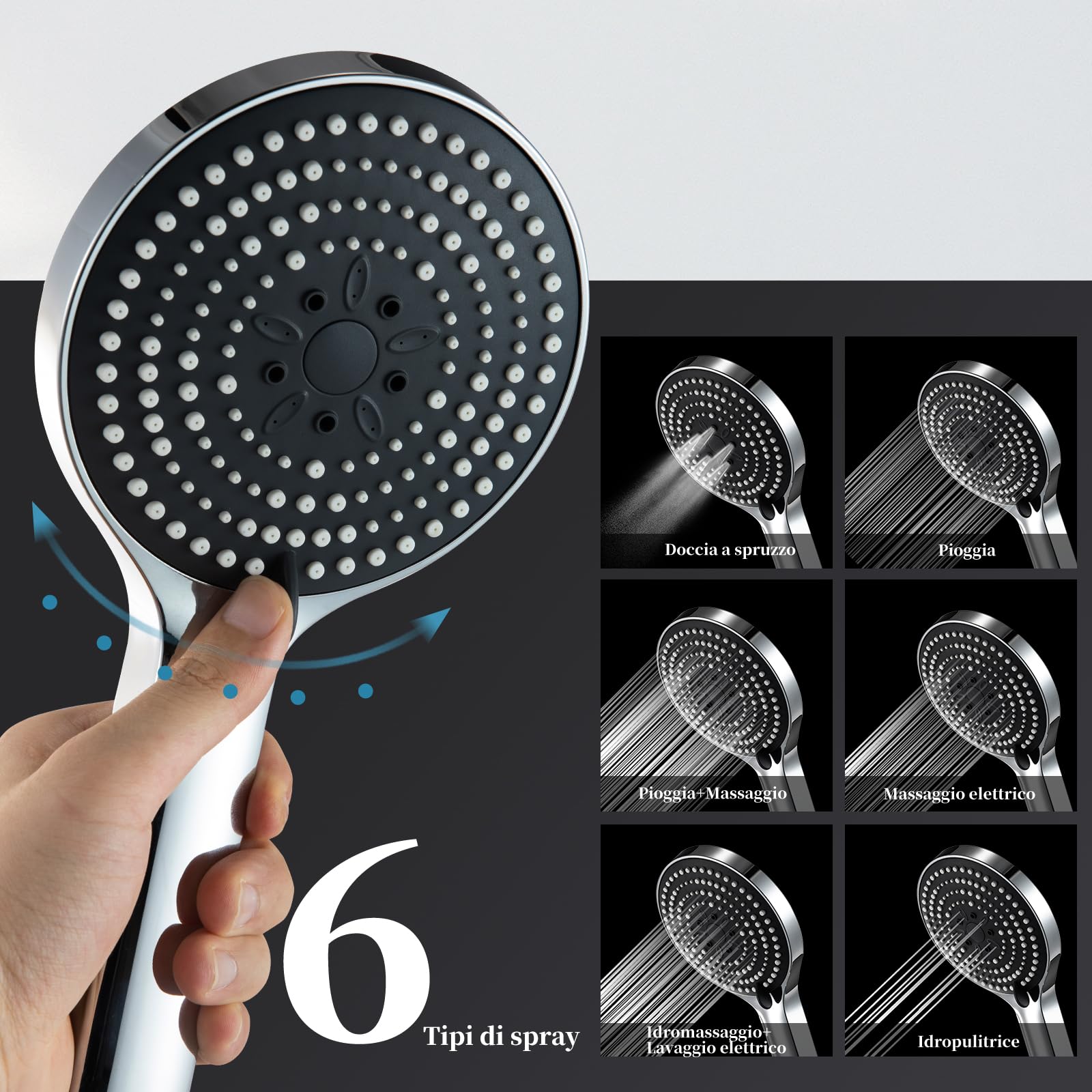 OFFO Soffione Doccia, Doccino per Doccia con 6 Modalità di Getto, Soffione Doccia Grande per Il Risparmio Idrico, Doccetta per Il Bagno,Cromo
