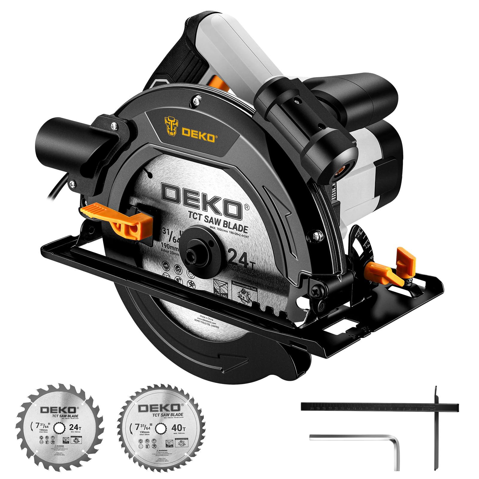Circular Saw 1400W: DEKOPRO with Laser Guide Power Saw 5500RPM, Max Cut 65mm (90°), 43mm (45°), 190mm Circular Saws with 24T & 40T Blades, Steel Base, Power Saw for Cutting Wood, PVC