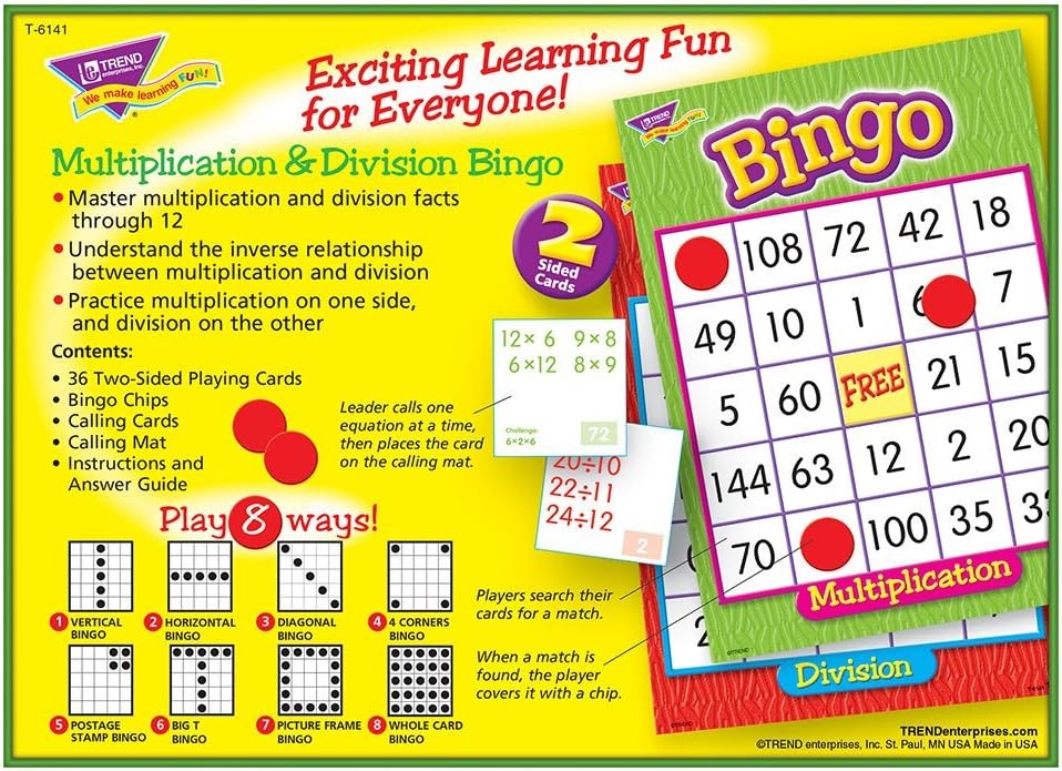 Trend Enterprises: Multiplication & Division Bingo Game, Exciting Way for All to Learn, 2 Games in One! Play 8 Different Ways, Great for Classrooms and at Home, 2 to 36 Players, for Ages 9 and Up