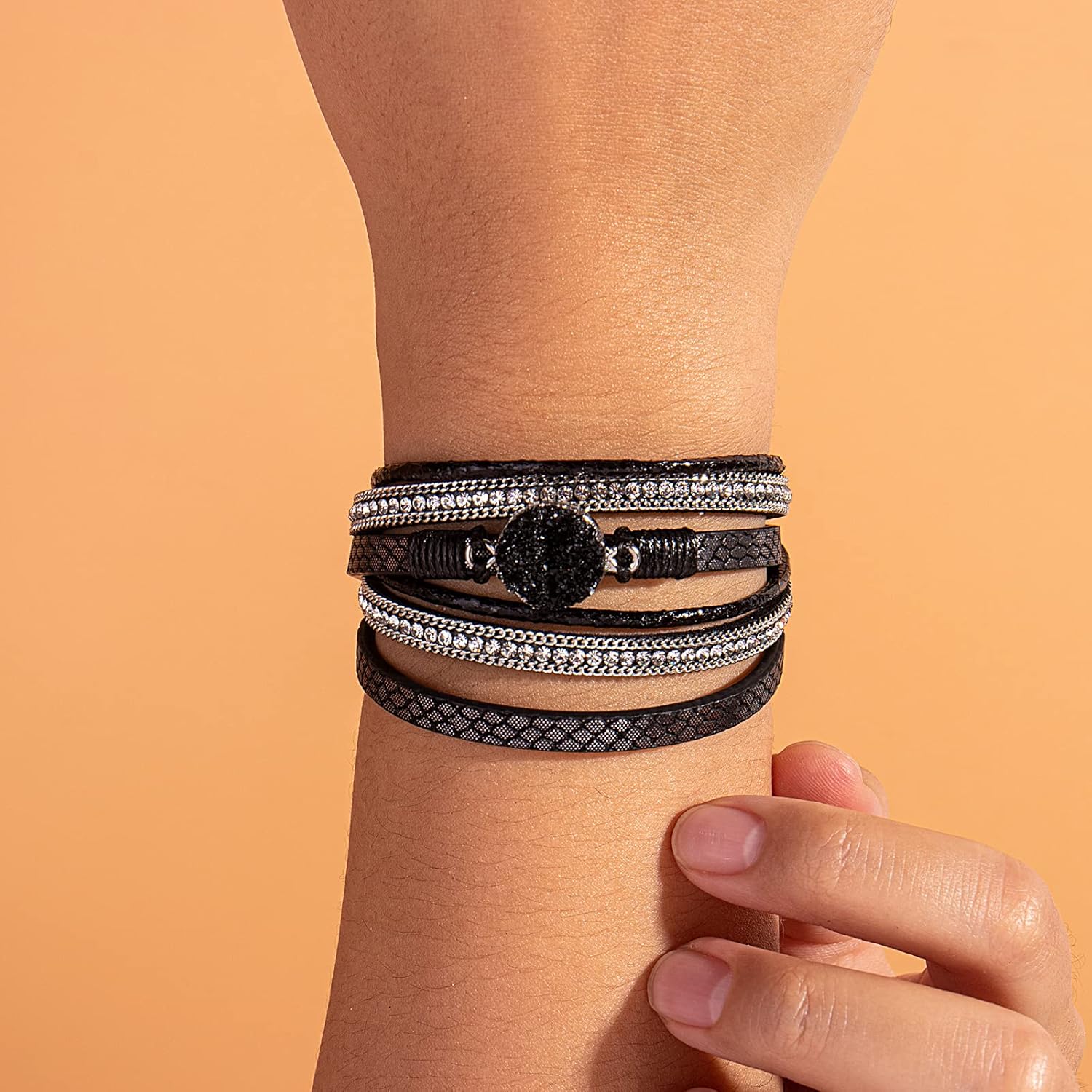 FANCY SHINY Boho Wrap Bracelets Leather Cuff Bracelet Bohemian Jewelry Resin Stone Leather Necklace with Clasp for Women - Image 2