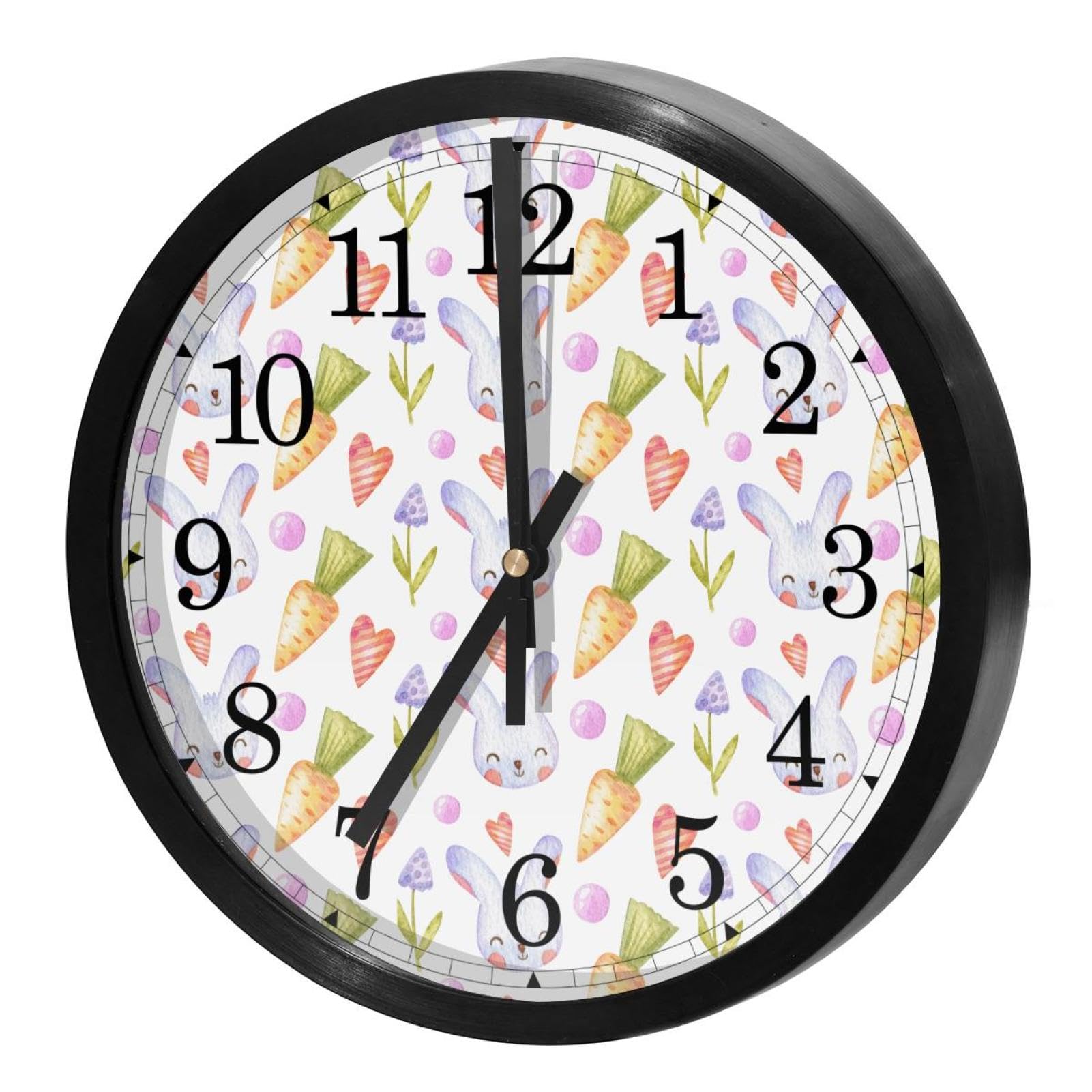Horloge murale silencieuse à quartz ronde avec motif lapin de Pâques à piles