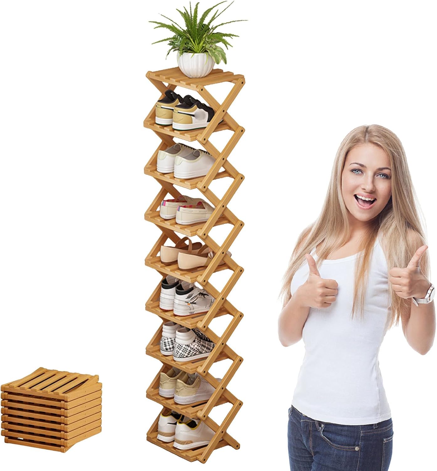 The 9-Tier No-Assembly Bamboo Rack,Foldable Bamboo Shoe Rack,Collapsible Shoe Rack for Entryway Closet Dorm,Installation-Free (Natural,9 Tier)