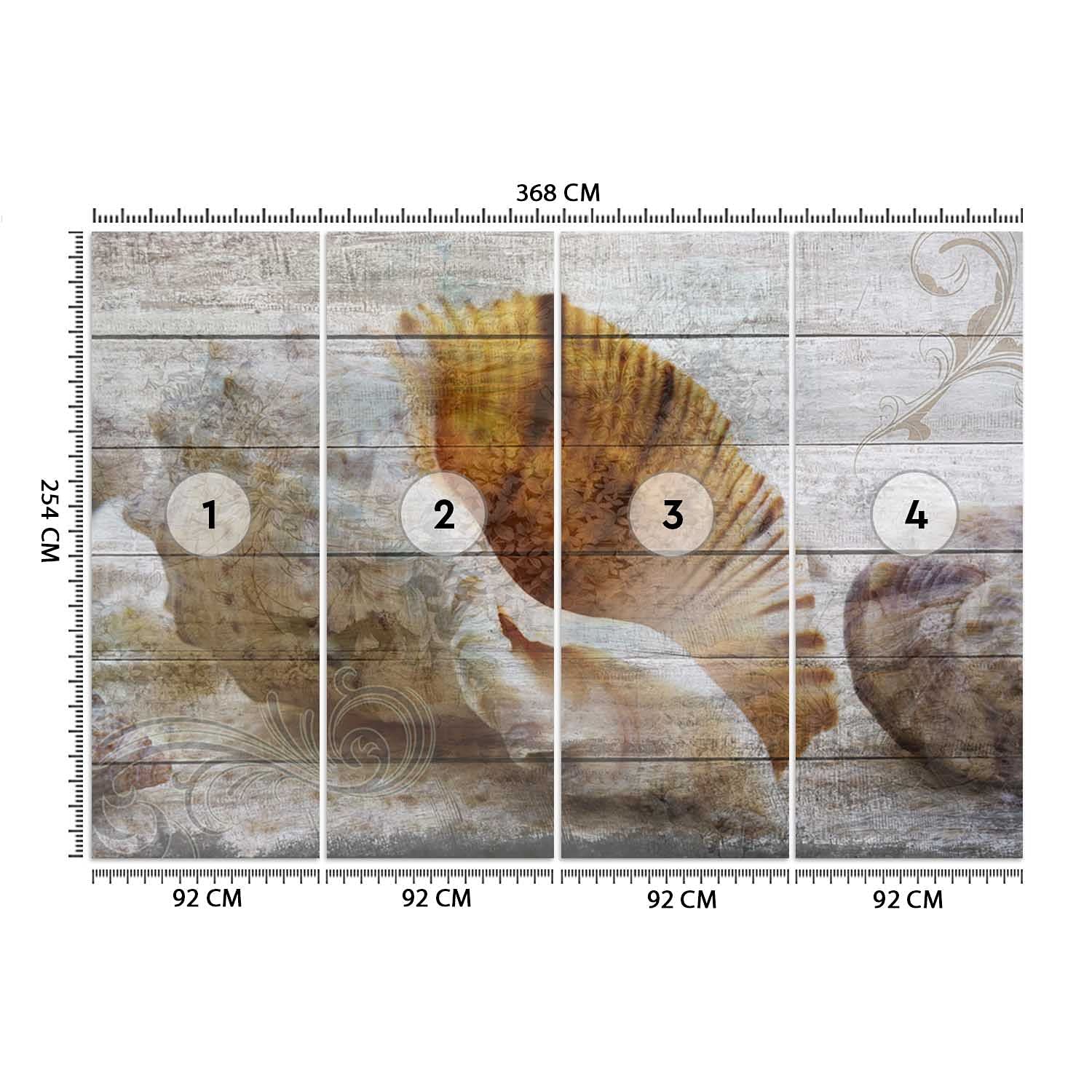 Feeby Fototapeta Flizelinowa Muszle Kwiaty 368x254 cm Beżowy Tapeta XXL Dekroacja Ścienna Sypialnia Pokój Dzienny Biuro Kuchnia Korytarz Pokój Dziecka Zdobienia Imitacja Drewna