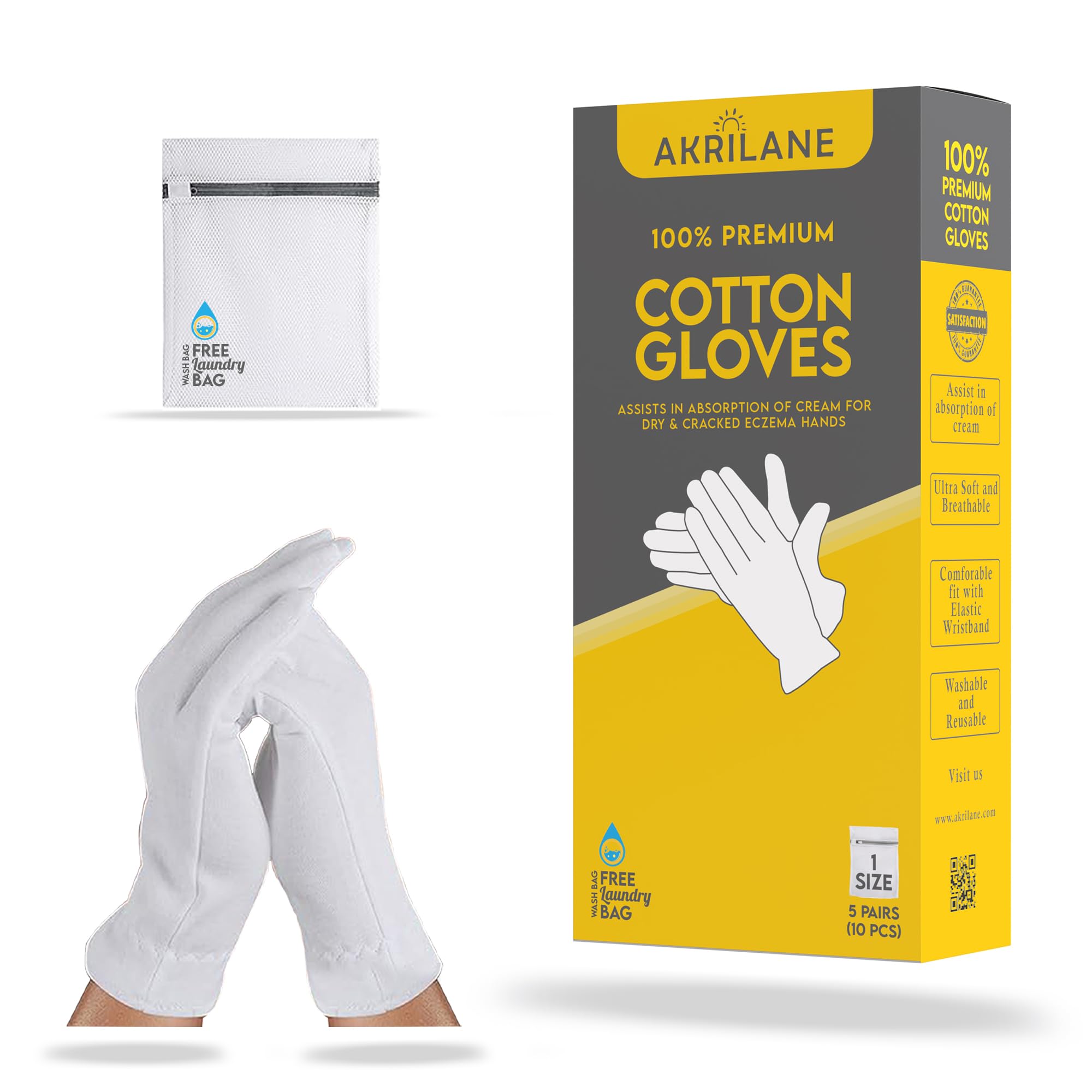 AKRILANE 1 Size 5 Pairs Cotton Moisturizing Gloves for Dry Hands | Eczema, Psoriasis & Skin Spa Treatment for Women & Men | Washable & Reusable with Free Laundry Bag