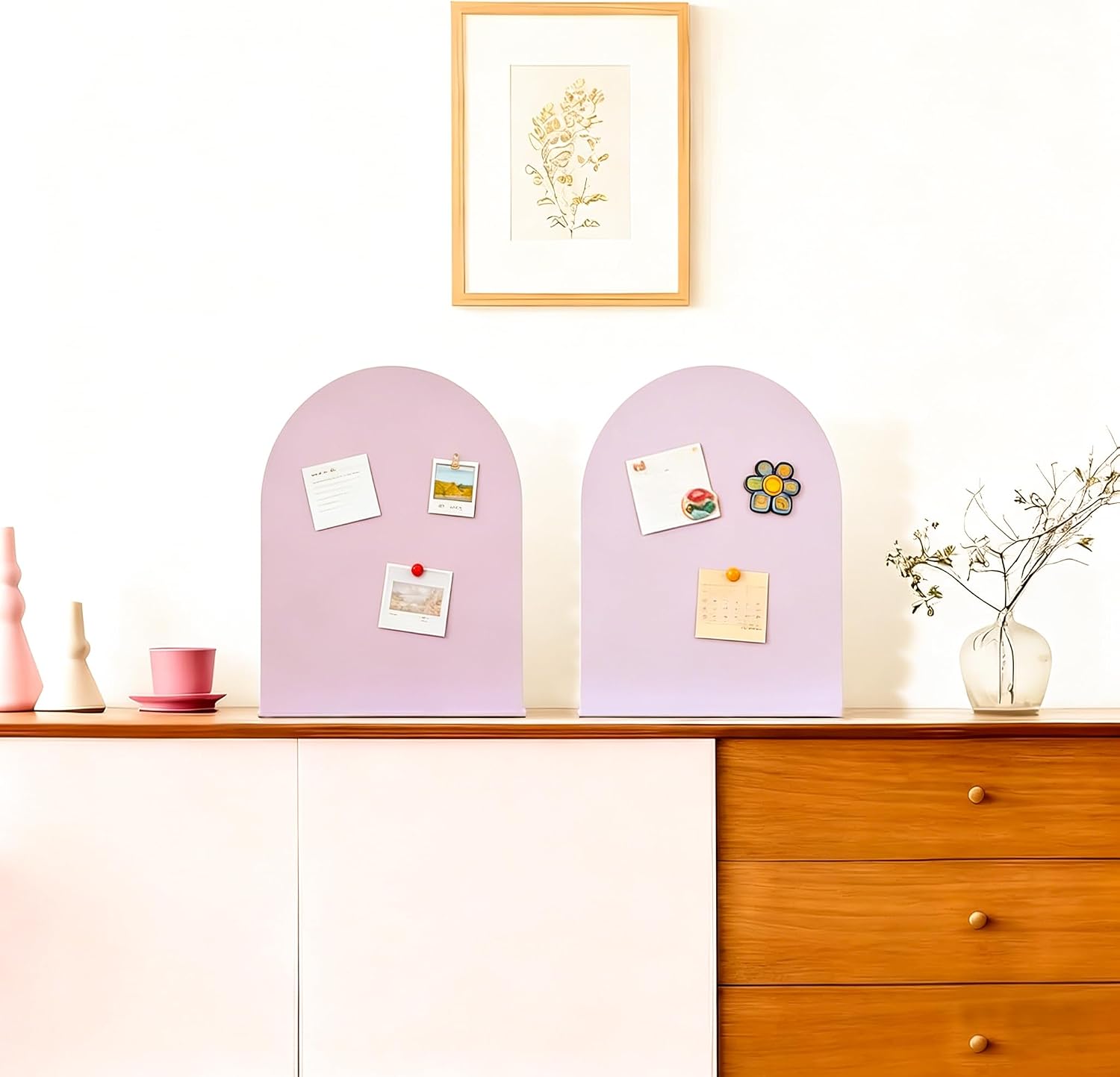 2 Pack Magnetic Bulletin Board with Stand Metal Tabletops Memo Photos/Souvenir Display Board Magnet Desk Display Stand for Home School Office Kitchen Decoration (Pink, 11 * 7.9 Inch ARC) image 5