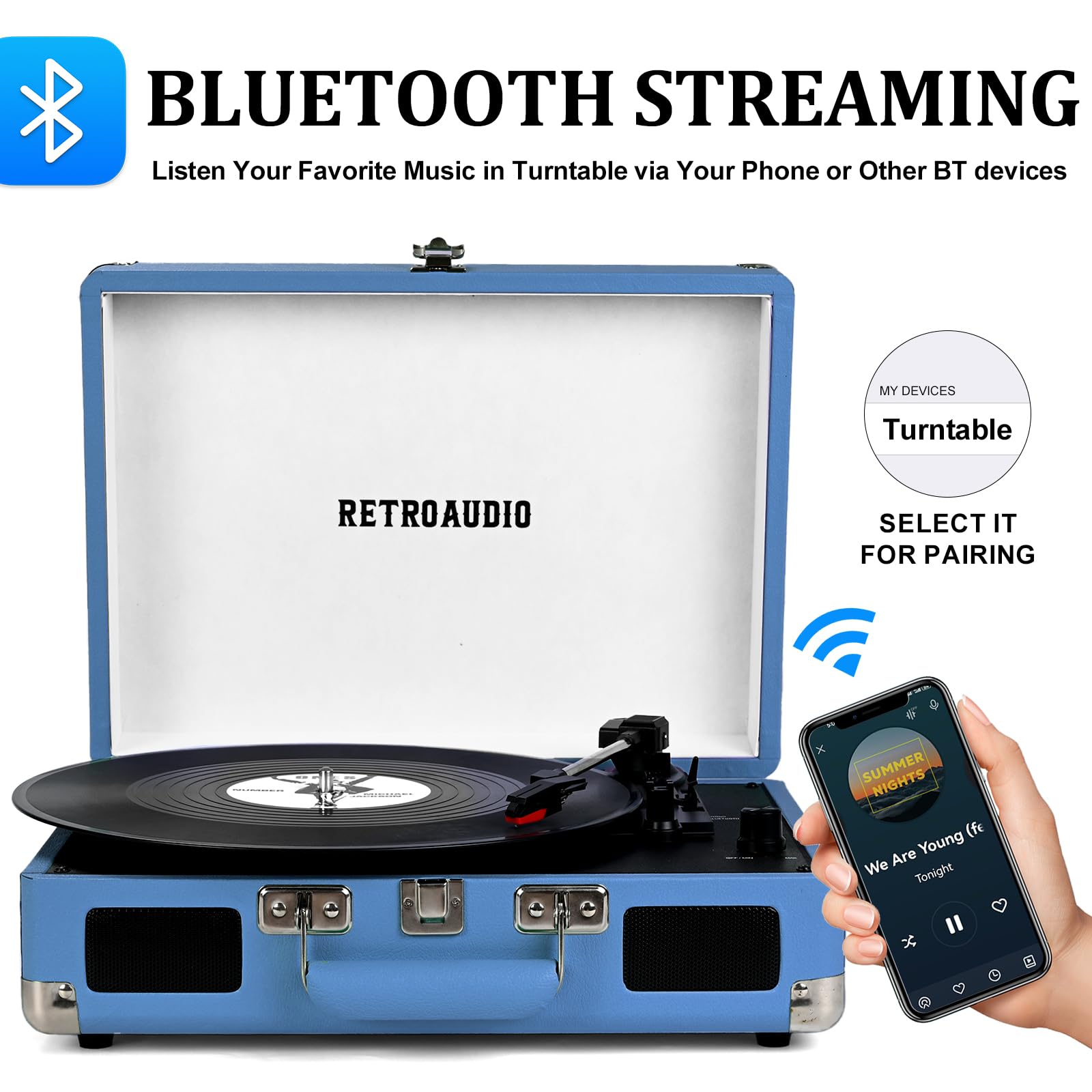 RetroAudio Odtwarzacz płyt winylowych Bluetooth Vintage Przenośna walizka gramofon z wbudowanymi głośnikami, 3-biegowy odtwarzacz płyt z napędem pasowym, obsługuje wyjście RCA i wyjście słuchawkowe