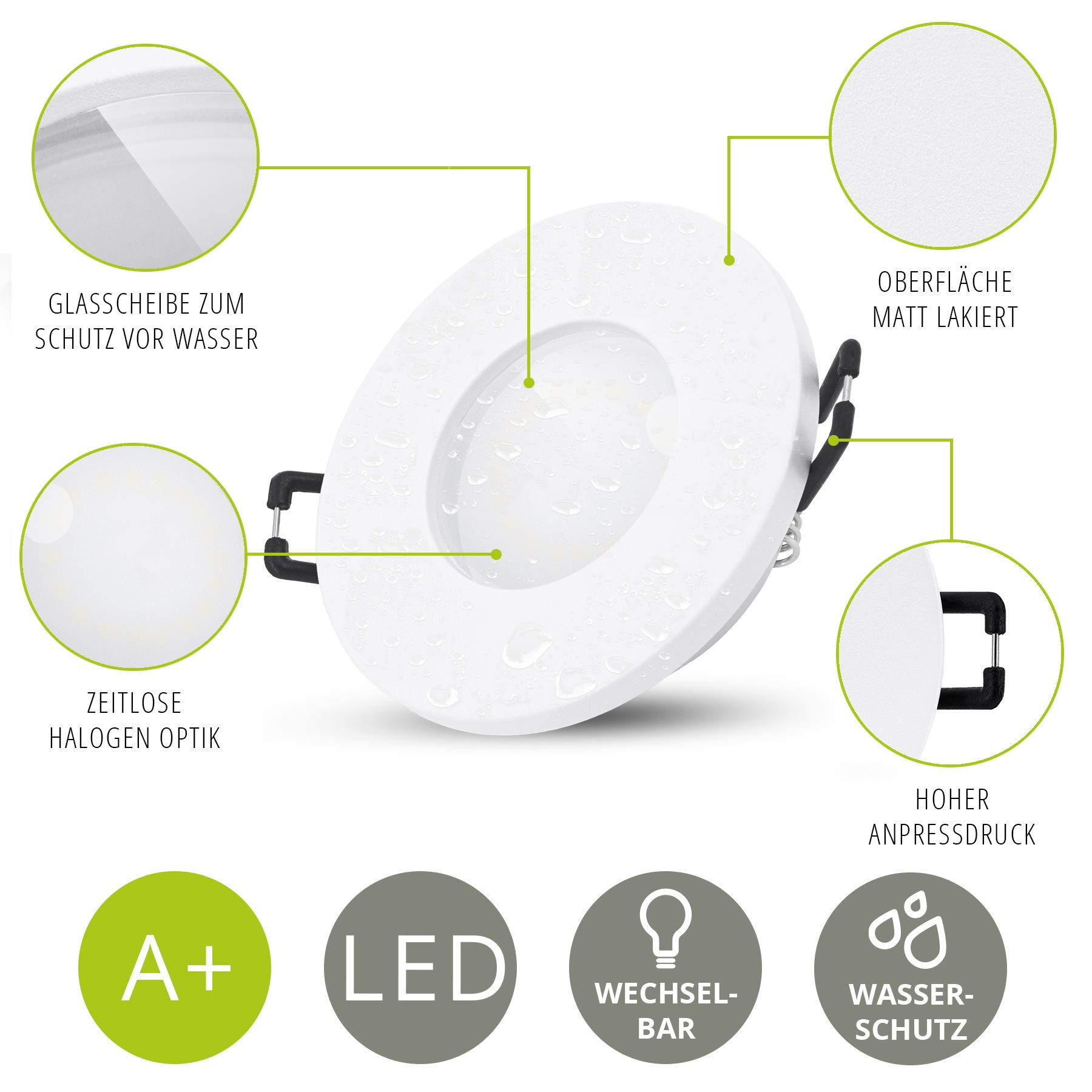 linovum ISAWO LED Einbaustrahler 10er Set Dimmbar ohne Dimmer IP65 - LED GU10 4W warmweiß 230V - fourSTEP Badspot weiß rund
