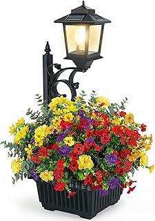 PASAMIC 2 in 1 Outdoor Flower Pots for Real or Fake Flowers, Solar Lamp Post Lights - Wall Mount or Freestanding, Waterproof Decorative Lamp for Lawn, Patio, Front/Back Door