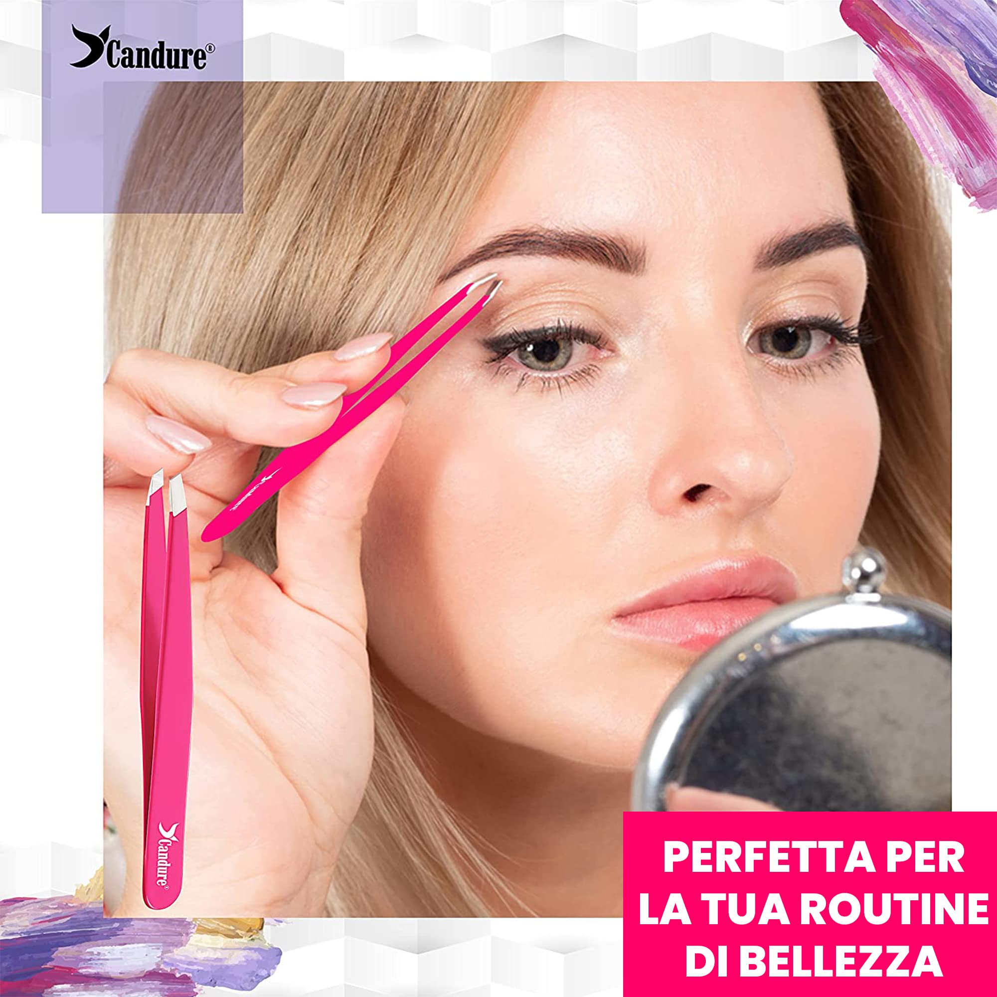 Candure Pinzette Sopracciglia Professionale Acciaio Inox Pinza Peli Incarniti Precisione Pinzetta per Tirare Antiscivolo Punta Obliqua Pinze per Uomini e Donne 1 Pezzo Rosa - 4